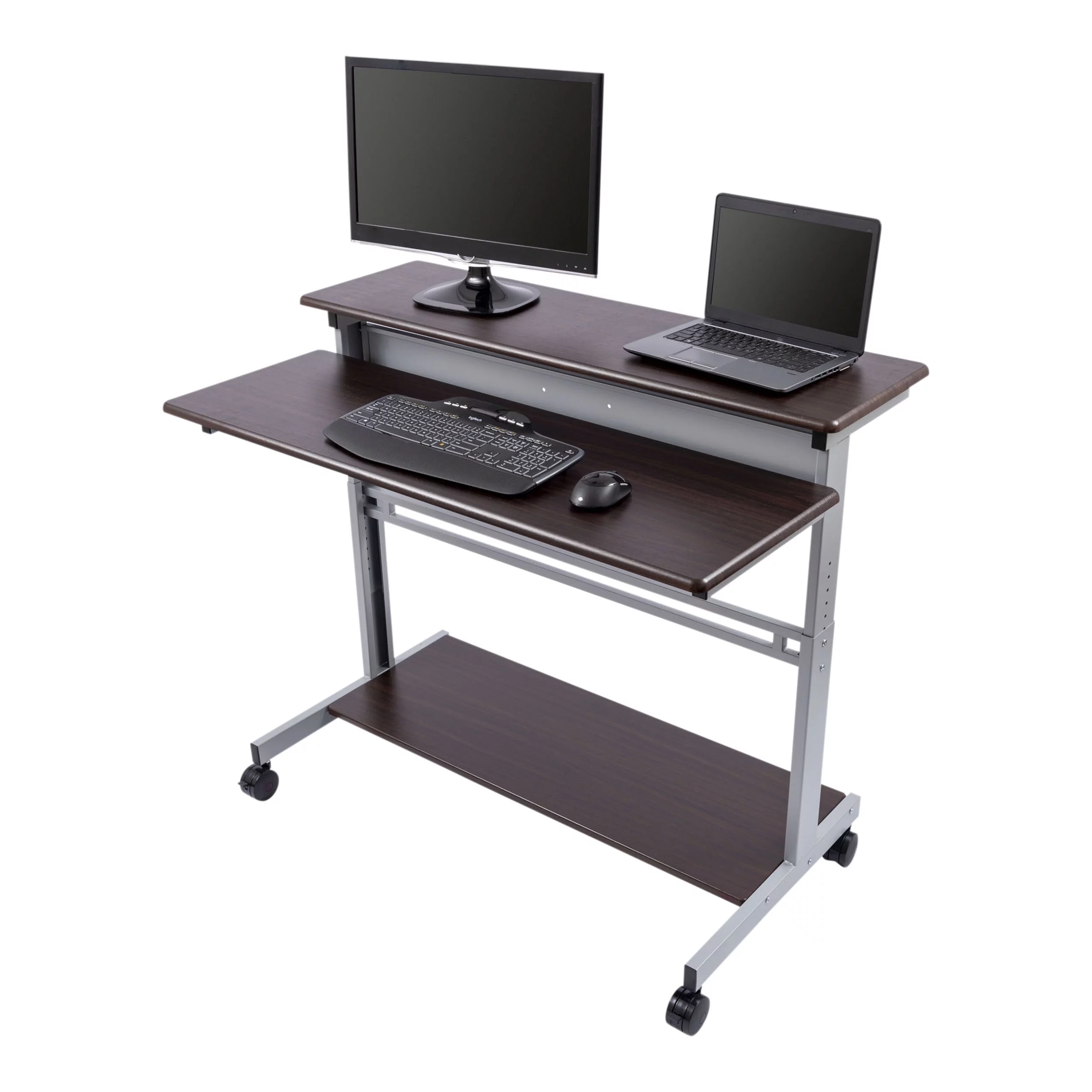 Stand Up Desk Store Rolling Adjustable Height Two Tier Standing Desk Computer Workstation (Silver Frame/Dark Walnut Top, 48