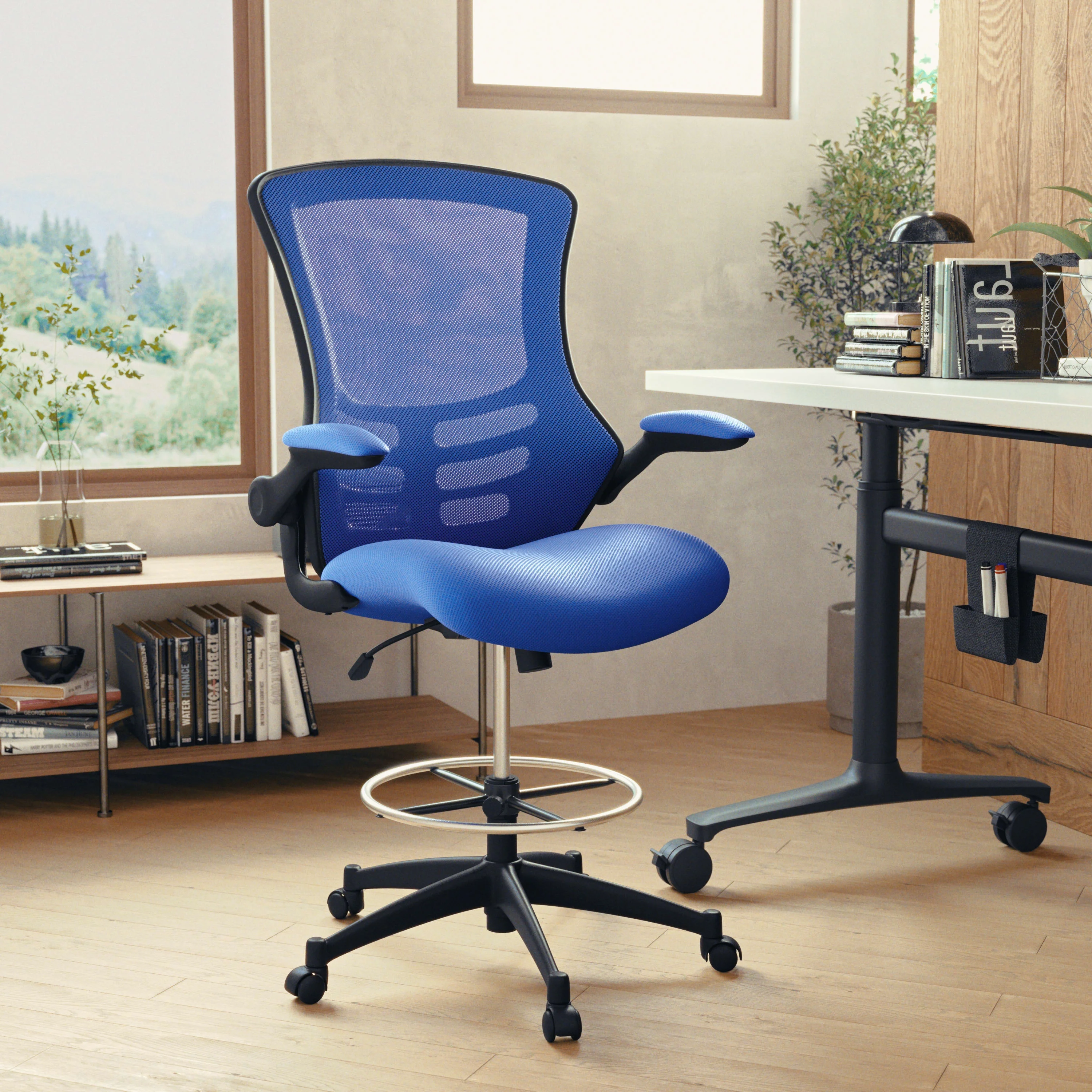 Flash Furniture Kelista Mid-Back Blue Mesh Ergonomic Drafting Chair with Adjustable Foot Ring and Flip-Up Arms