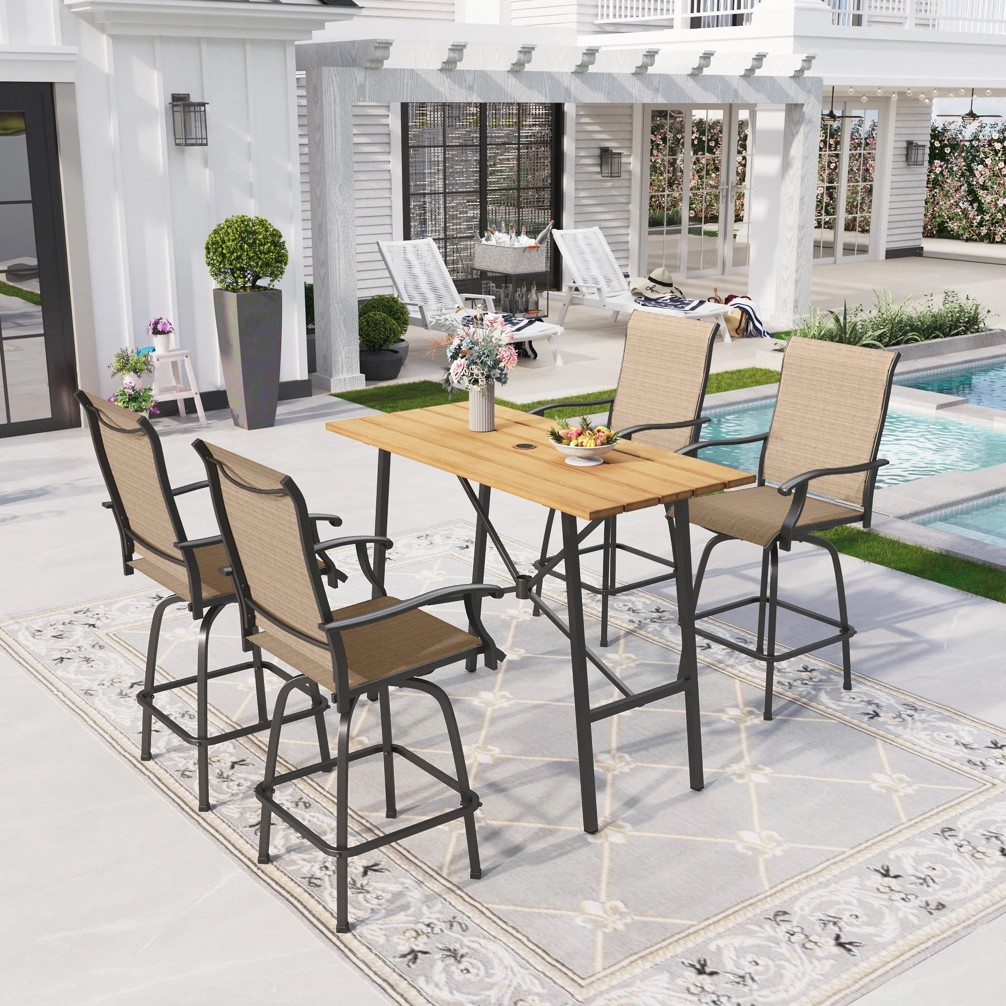 Sophia & William 5 Piece Patio Outdoor Bar Set Height Teak Wood Table and Swivel Chairs Metal Furniture Set,Brown