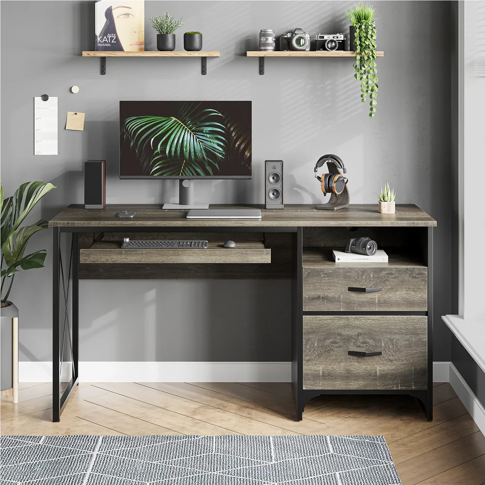 Bestier 55 inch Computer Desk with Drawers & Keyboard Tray & File Cabinet Home Office Desk in Grey