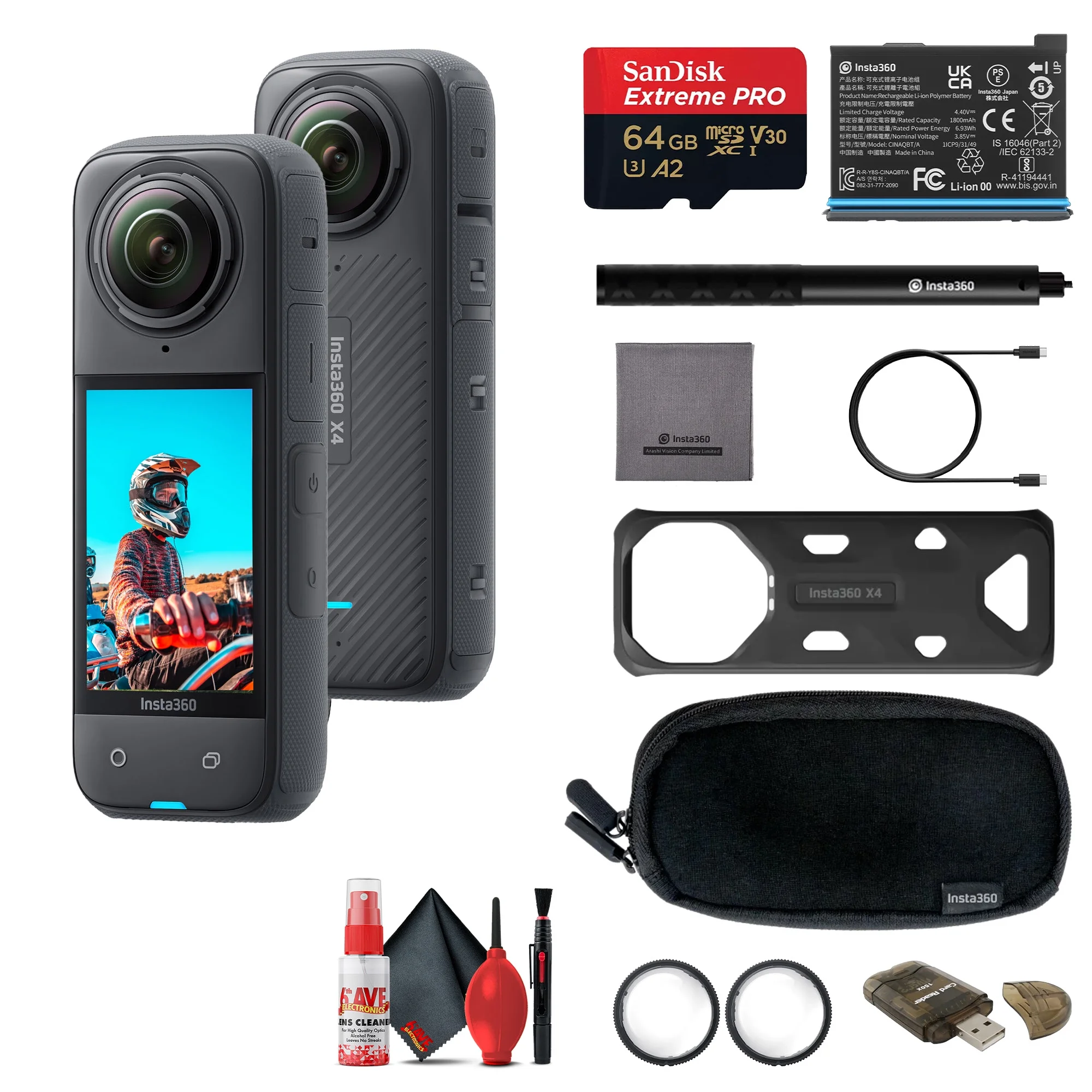 Insta360 X4 - Waterproof 360 Action Camera + Selfie Stick + Guards + 64GB Card + More