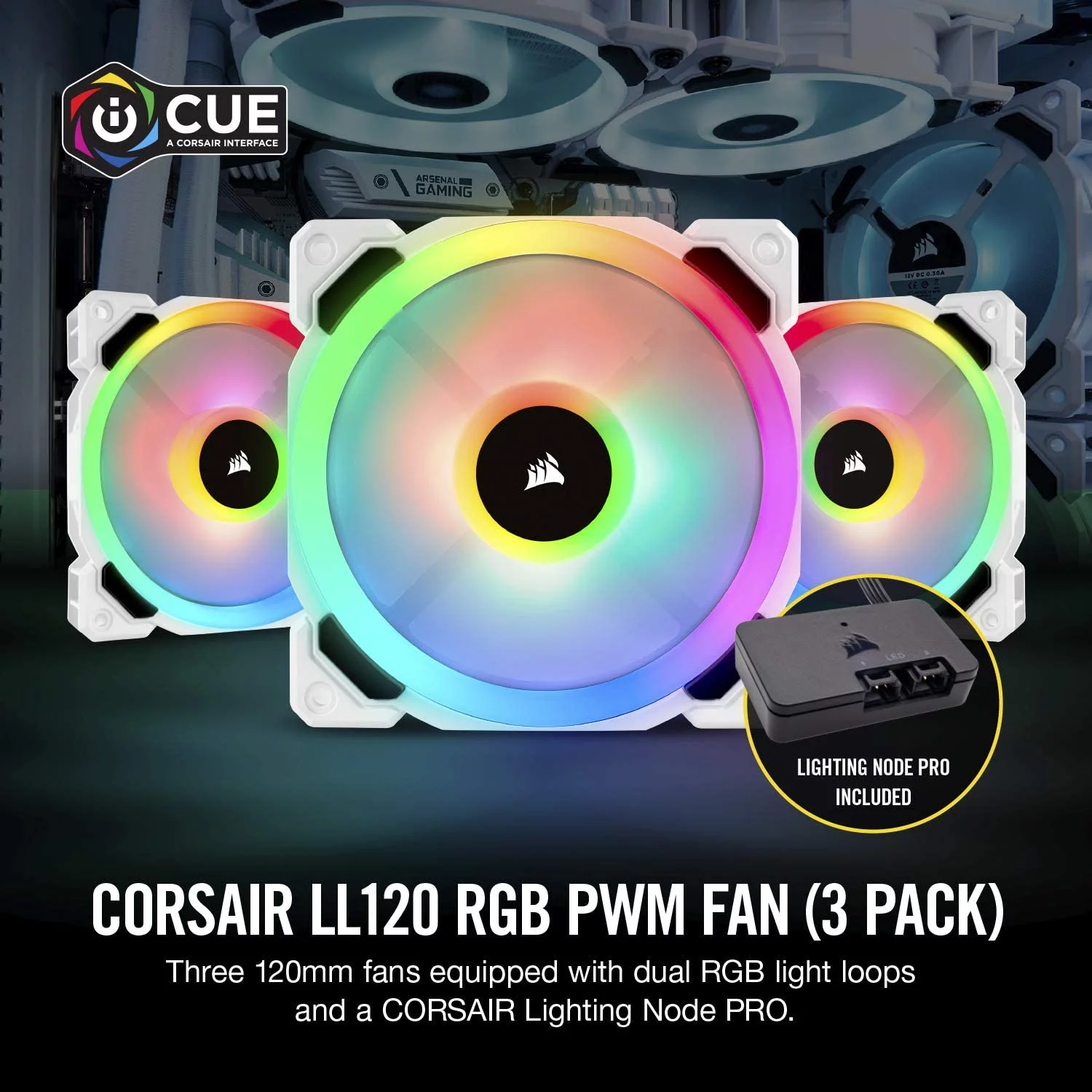 Corsair LL Series CO-9050092-WW LL120 RGB, 120mm Dual Light Loop RGB LED PWM Fan, 3 Fan Pack with Lighting Node PRO, White
