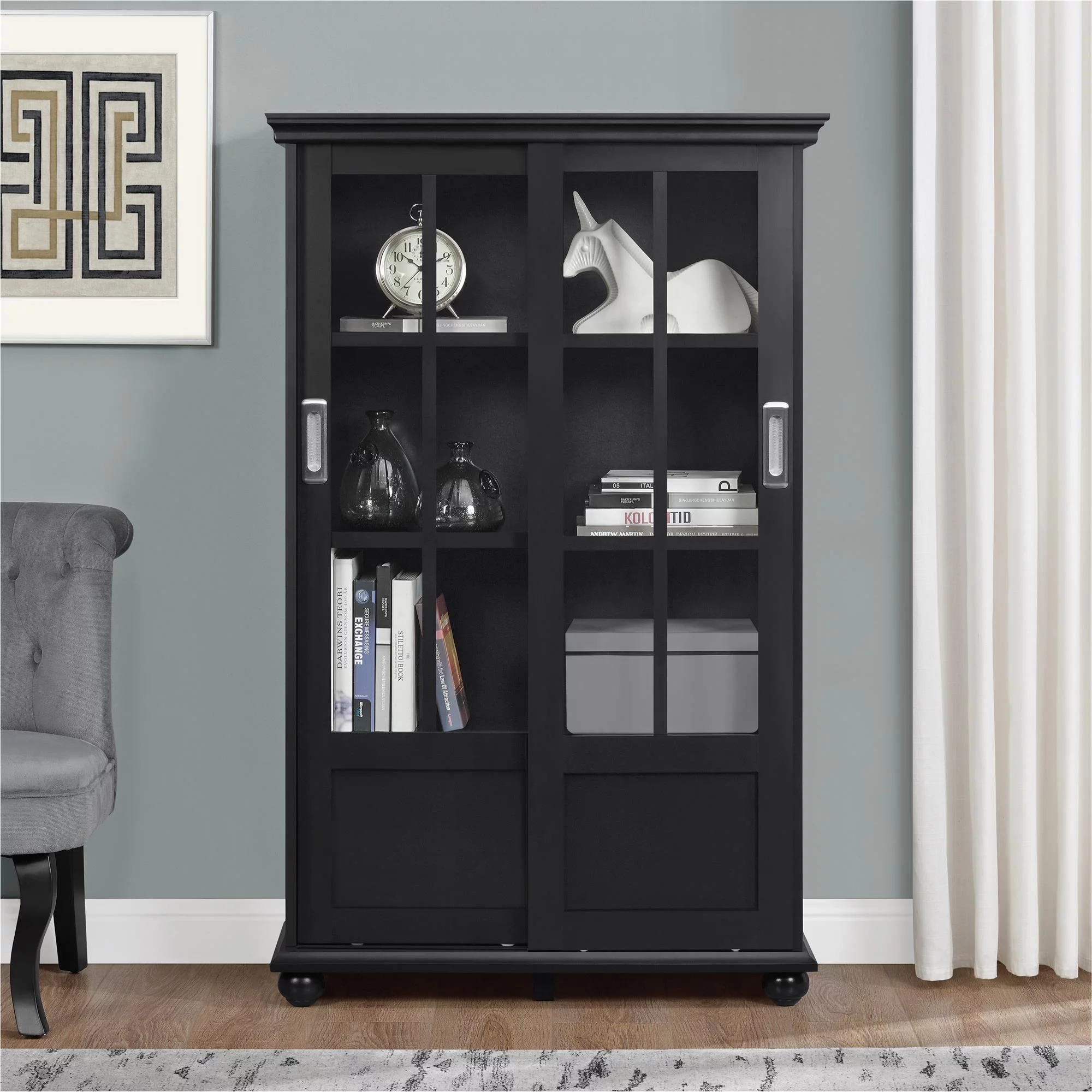 Ameriwood Home Aaron Lane Bookcase with Sliding Glass Doors, Multiple Colors - BLACK