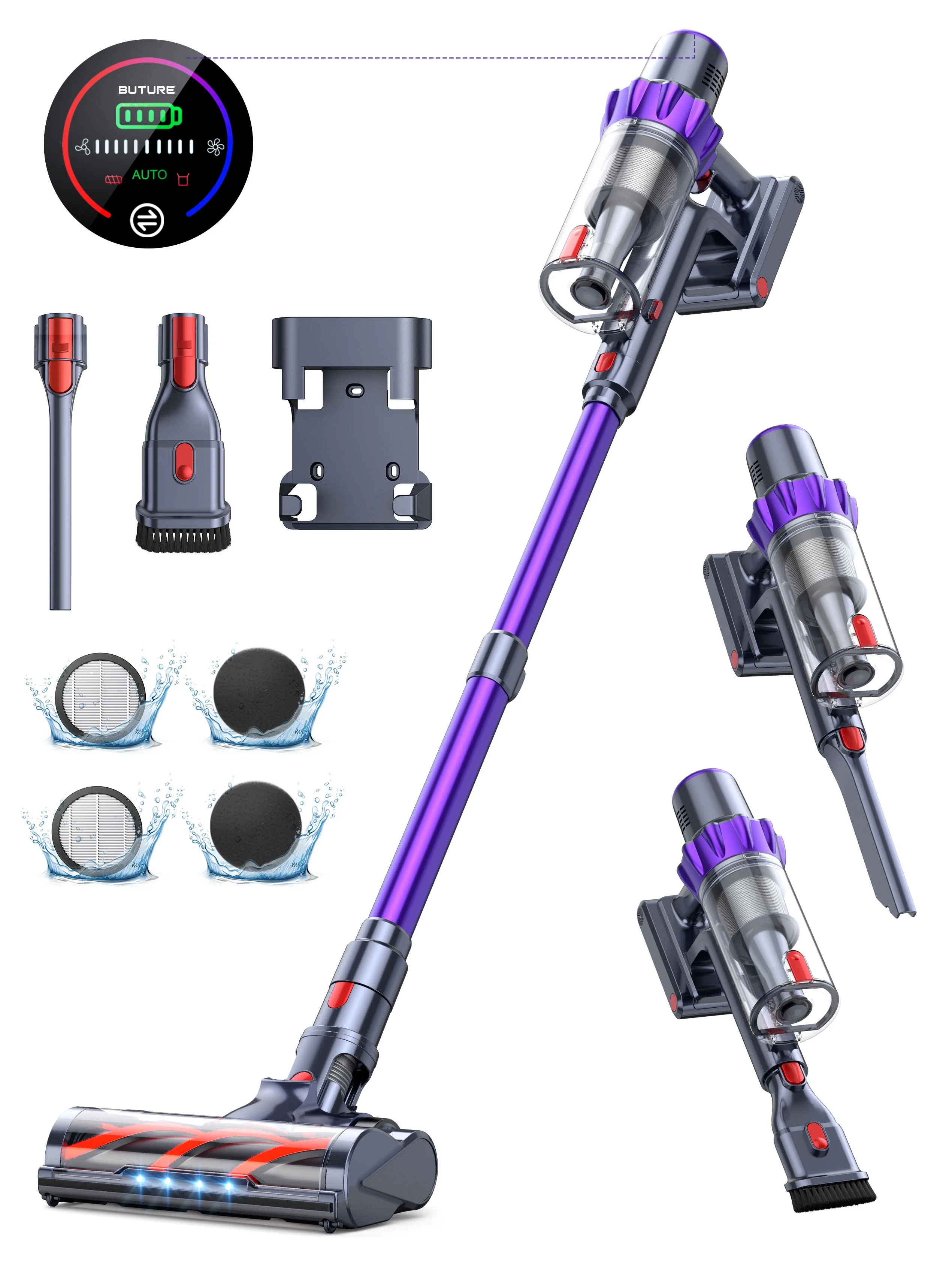 Buture Cordless Stick Vacuum Cleaners 55mins 450W 38KPa with Touch Display Powerful Lightweight Vacuum Cleaner for Carpets Floors Pet Hair Home