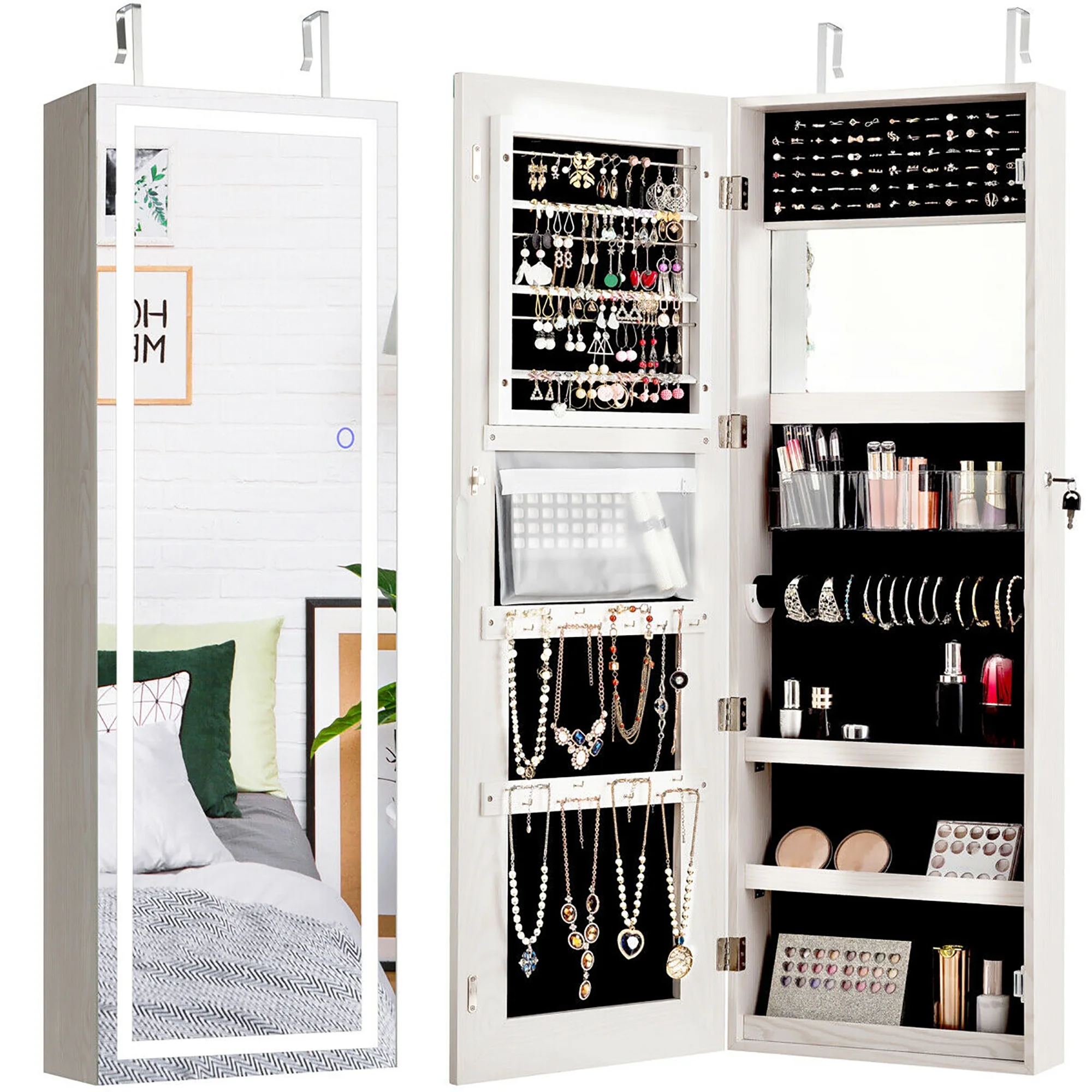 Costway Door Wall Mount Touch Screen LED Light Mirrored Jewelry Cabinet Storage White