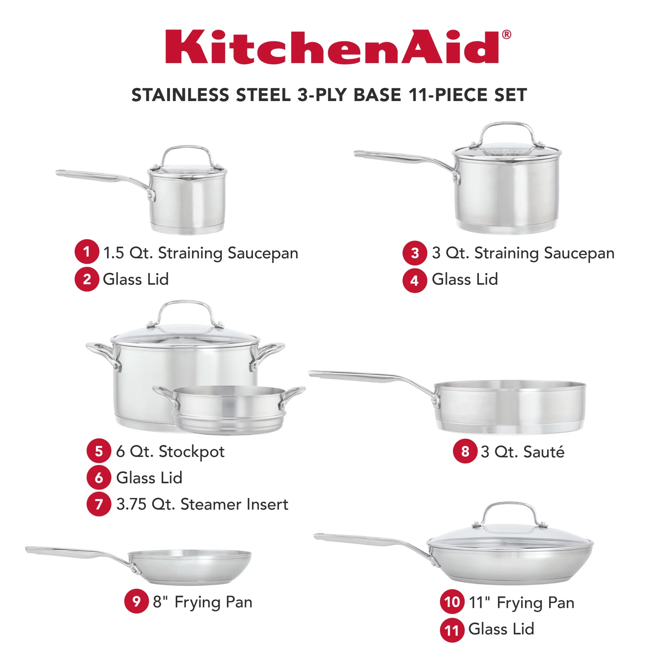 KitchenAid 3 Ply Base Stainless Steel Cookware Set, 11 Piece, Brushed Stainless Steel