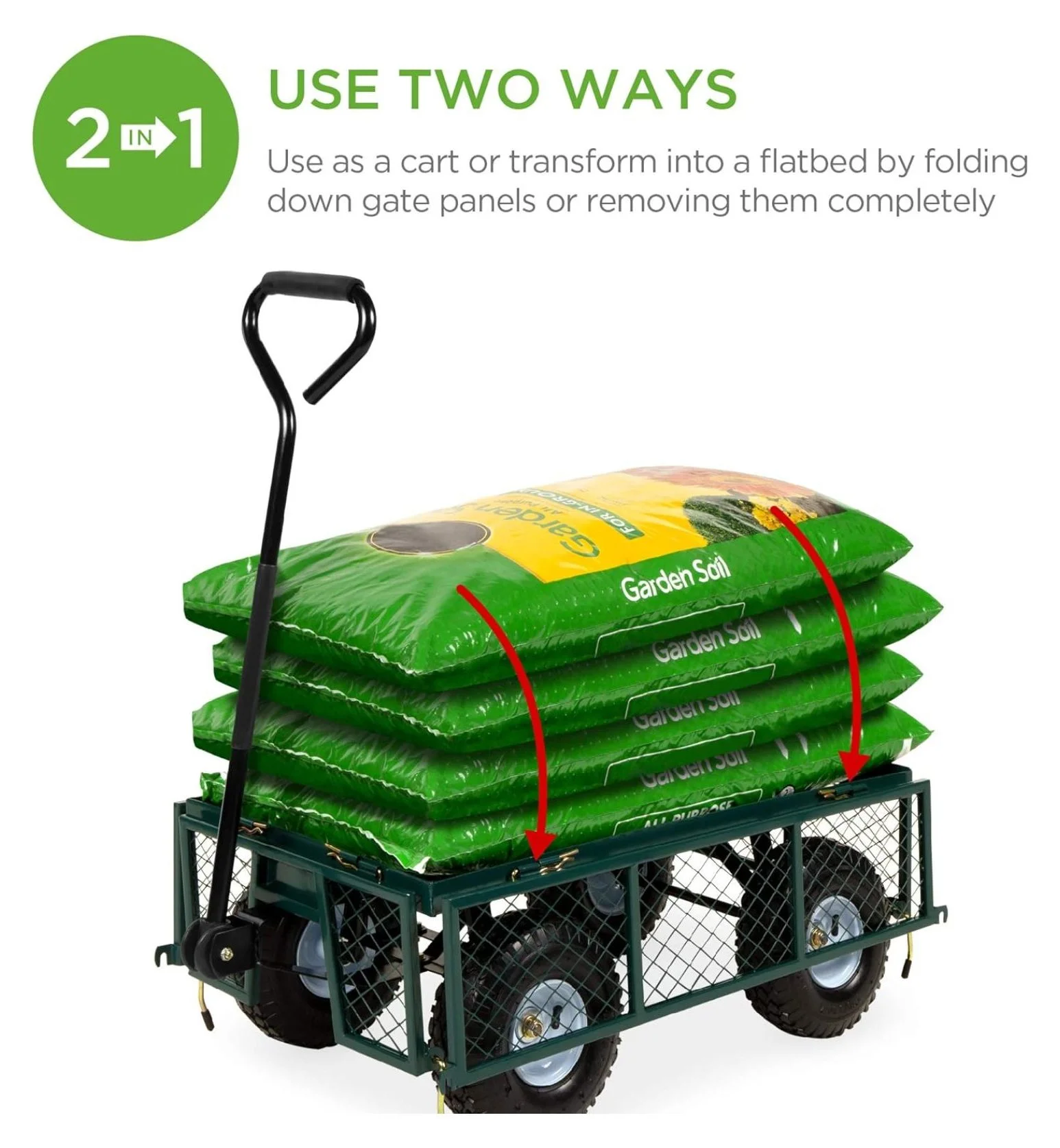 Utility Garden Cart Wagon for Lawn, Yard w/Heavy-Duty Steel 400lb Weight Capacity, Removable Sides, Long Handle, 10in Tires - Green