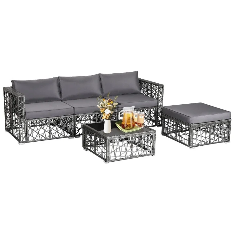 GVN 5 Pieces Patio PE Rattan Wicker Sofa Furniture Set-Gray, Outdoor Sofa Sectional , Coffee Table for Patio Back Deck, Balcany, Poolside