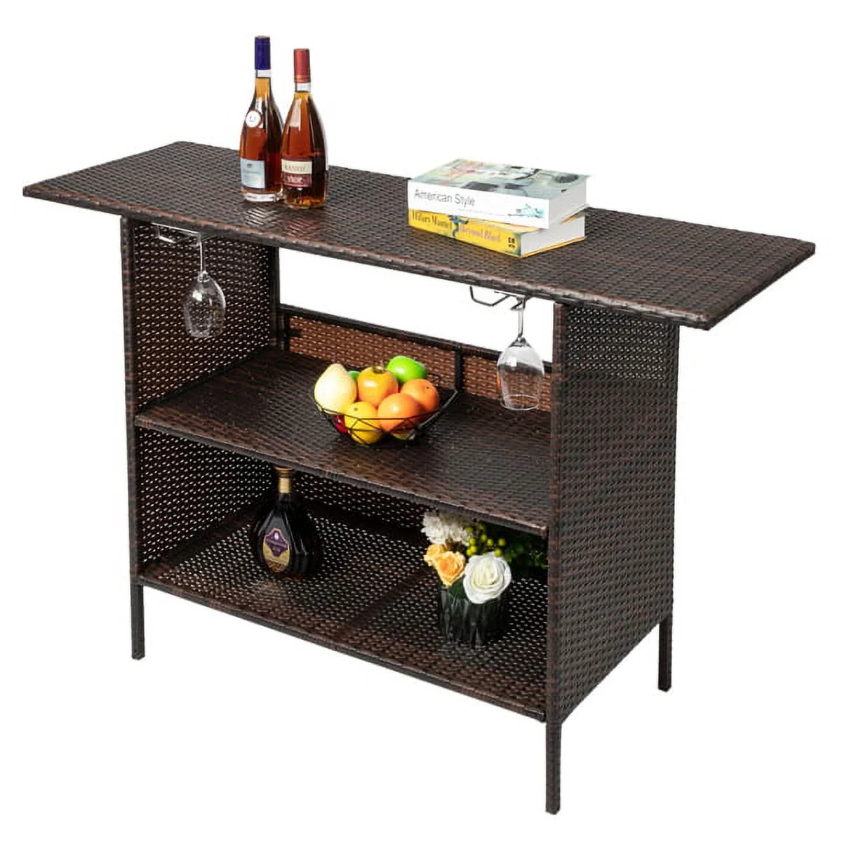 SYTHERS Outdoor Wicker Bar Table Patio Rattan Counter Table with 2 Steel Shelves, Brown