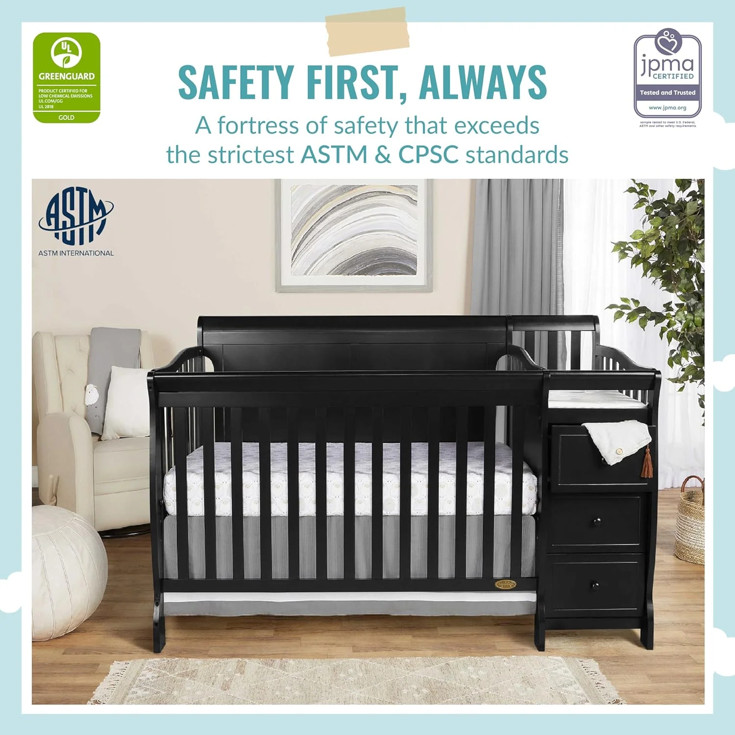 5-in-1 Brody Full Panel Convertible Crib in Black with Changer, Spacious Drawers, Detachable Changing Table, 1''Changing Pad