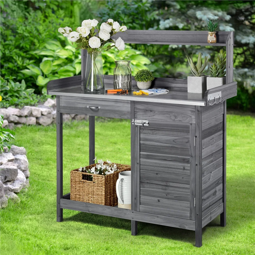Yaheetech Outdoor Garden Potting Bench Table Work Bench Metal Tabletop W/Cabinet, Gray