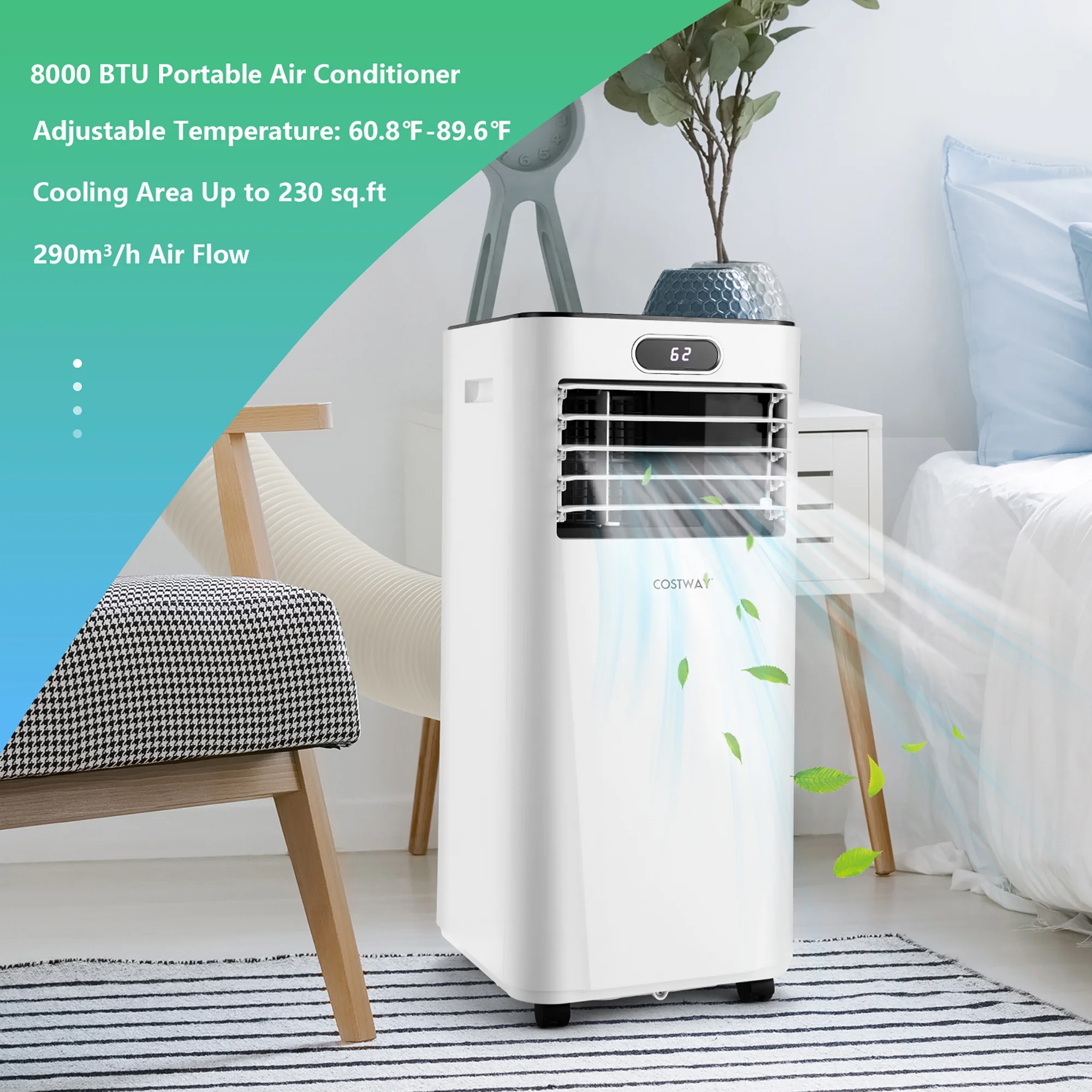 Costway 5000 BTU (8000BTU ASHRAE) Portable Air Conditioner with Remote Control 3-in-1 Air Cooler w/ Drying White