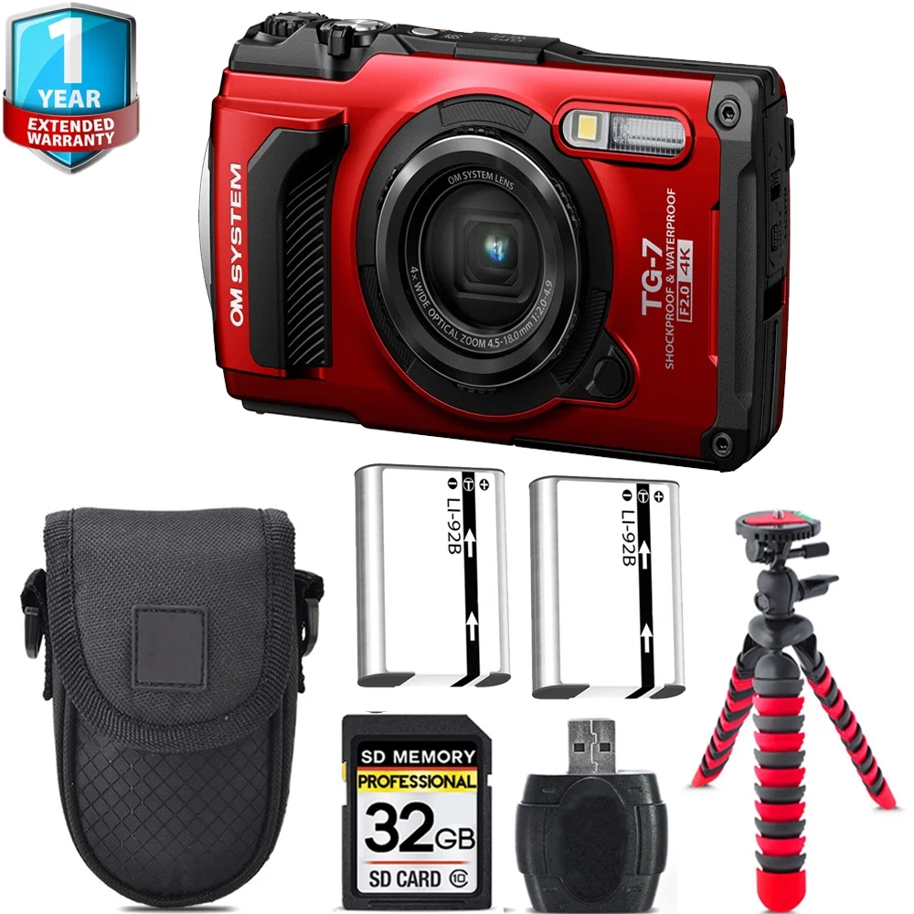 Olympus OM SYSTEM Tough TG-7 Digital Camera (Red) + 1 Yr Warranty +Tripod + Case -32GB Kit