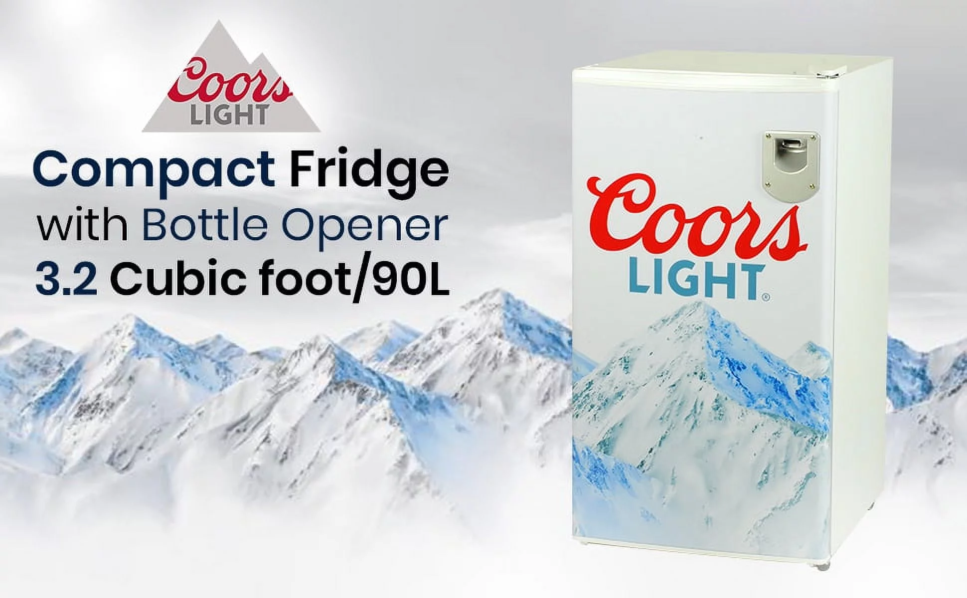 Coors Light Compact Fridge with Bottle Opener, 90 L/ 95 Quart 3.2 Cubic Foot for Snacks, Beverages, Juice, Beer, Den, Dorm, Office, Games Room, or RV