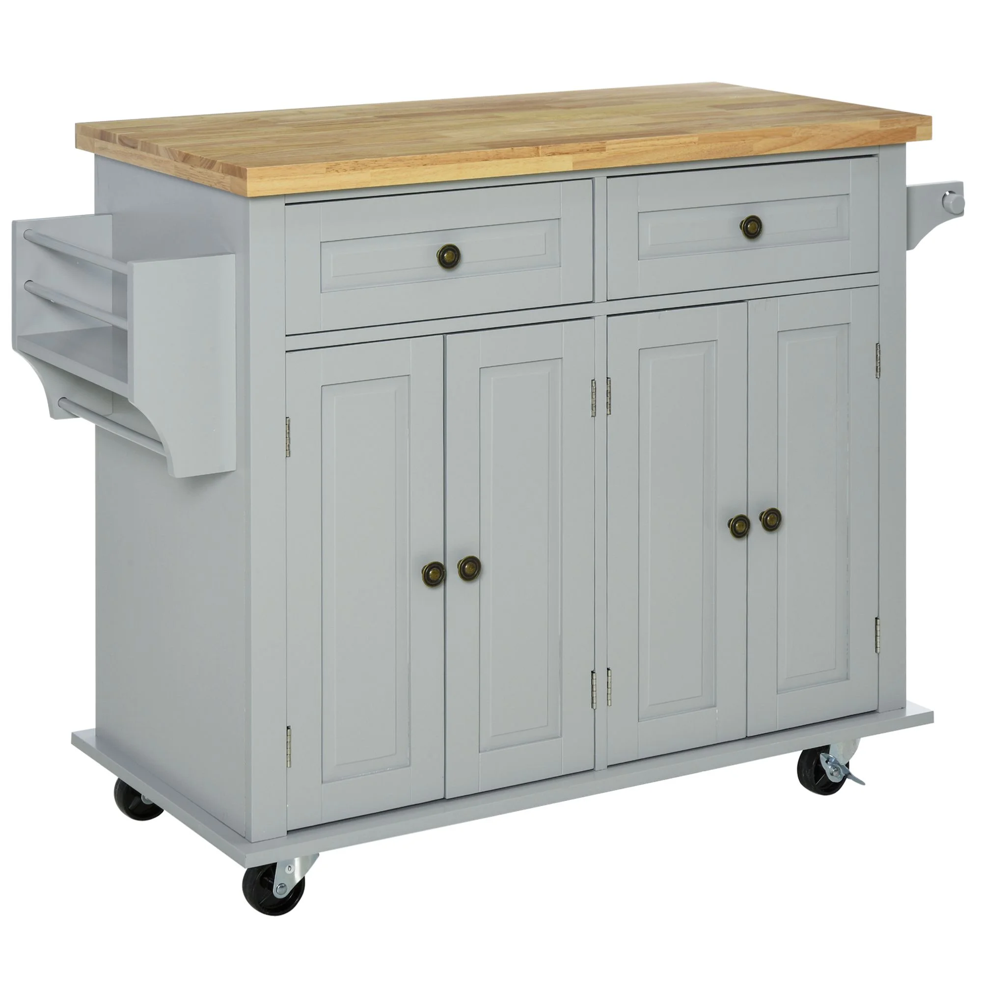 CoSoTower Kitchen Island on Wheels, Rolling Cart with Rubberwood Top, Spice Rack, Towel Rack and Drawers for Dining Room, Grey