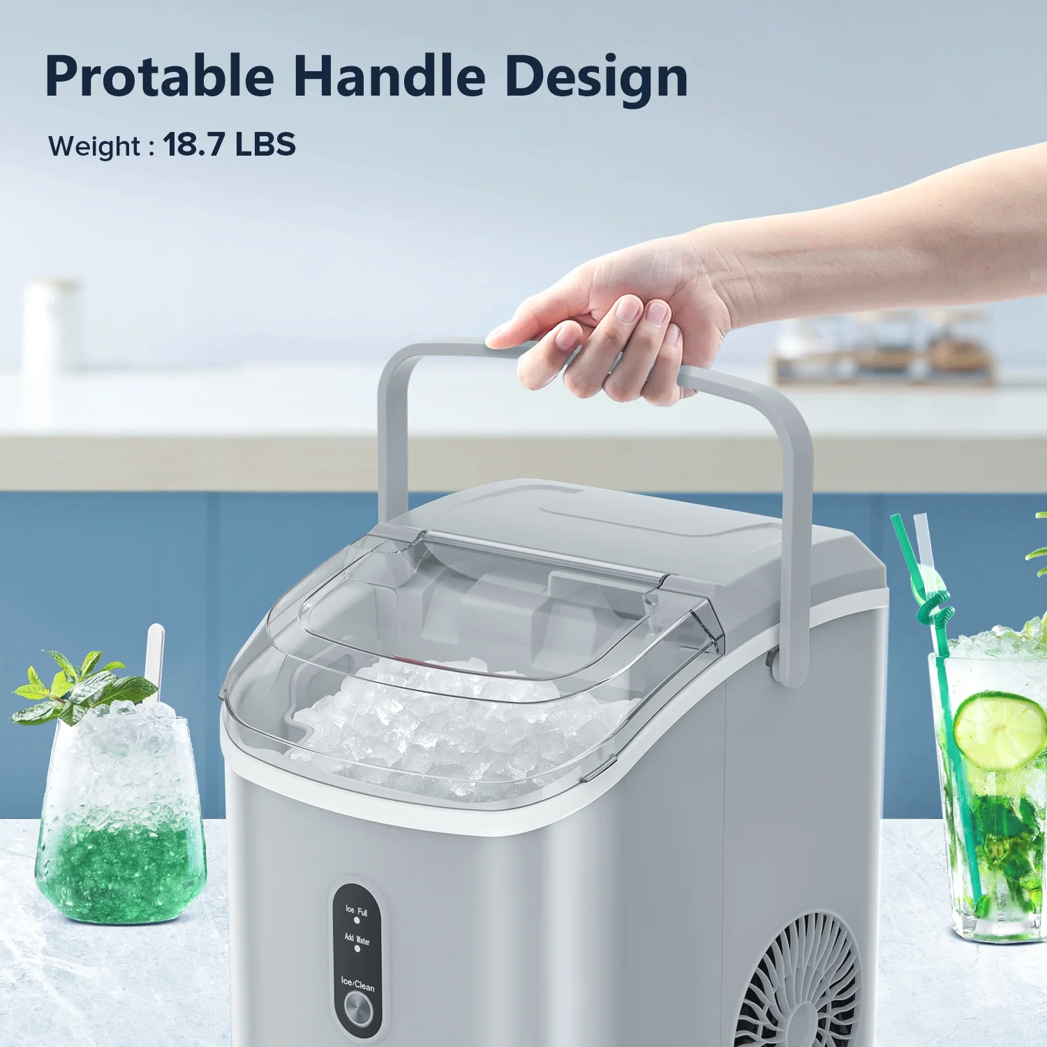 Auseo Nugget Ice Maker Countertop with Handle,Soft Chewable Pellet Ice, 34lbs/24H, Self-Cleaning, Sonic Ice Machine for Home/Office/Party-Gray