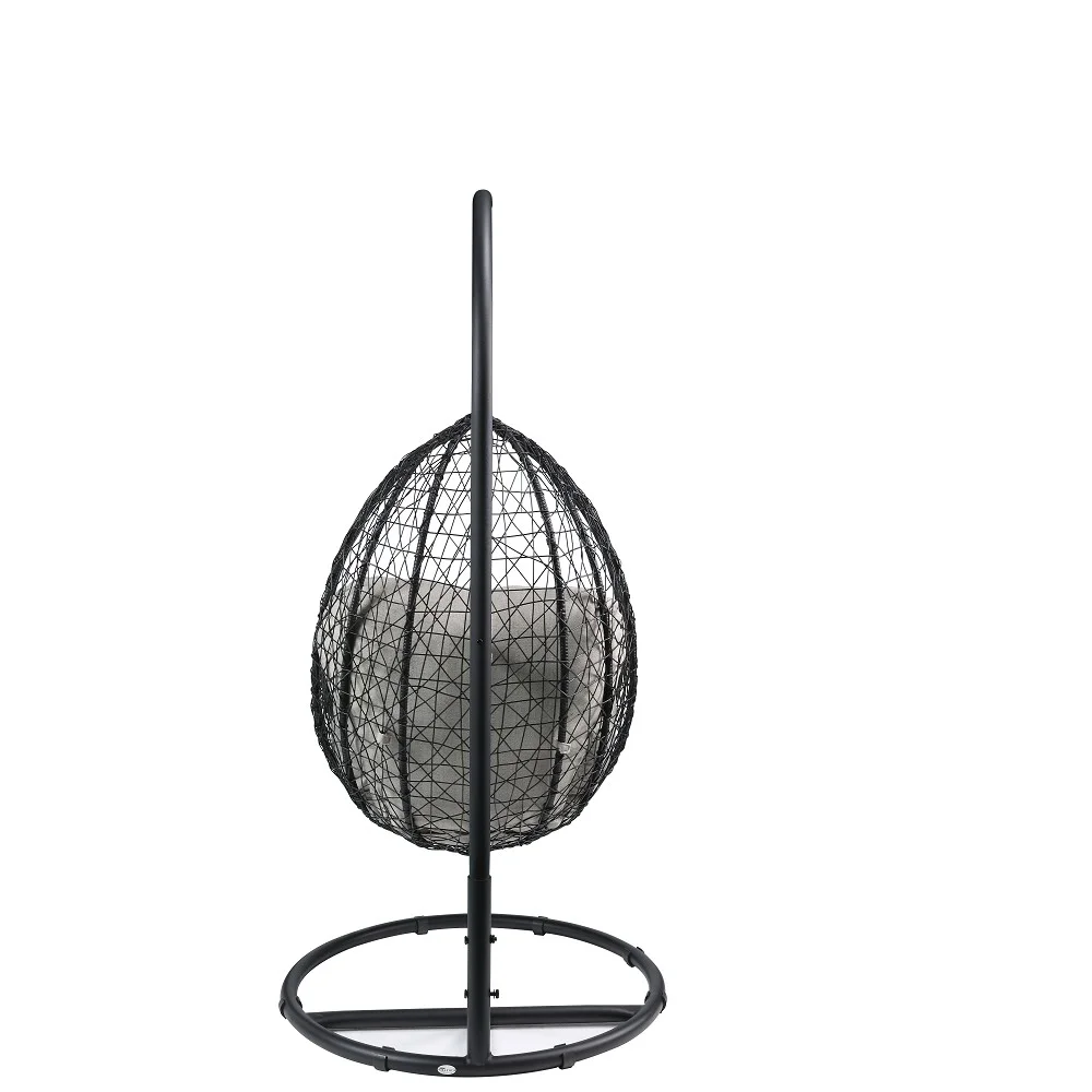 Style Wicker Outdoor Patio Hanging Egg Chair with Olefin Cushion and Metal Stand Gray