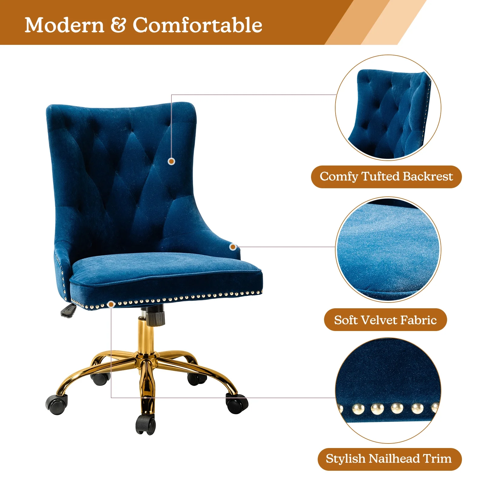 Home Office Computer Desk Chair Velvet Tufted Wingback Upholstered Task Rolling Chairs Swivel Adjustable Nailhead Gold Leg Navy
