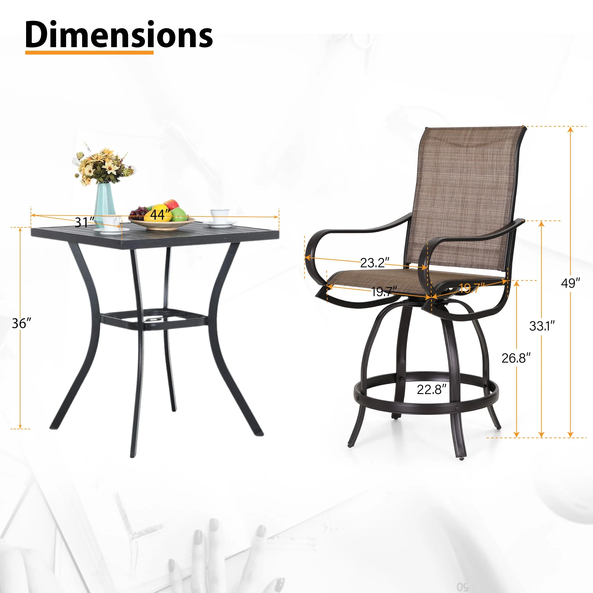 Sophia & William 3 Pieces Patio Outdoor Metal Bar Stools and Table Set Textilene Furniture Bistro Set