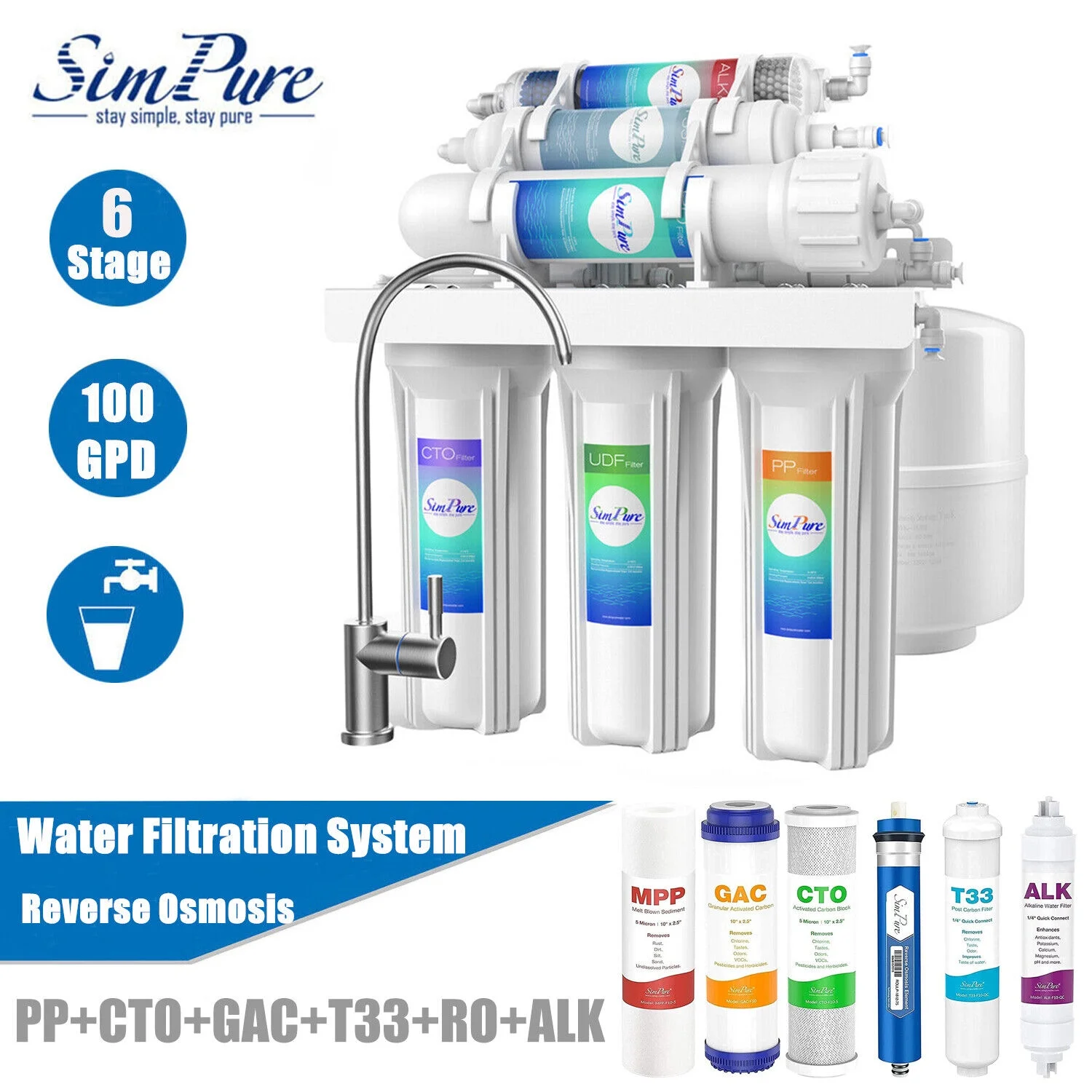 SimPure Under Sink Water Filter System, 6-Stage 100 GPD Reverse Osmosis Filtration RO System+Extra Replacement Kit