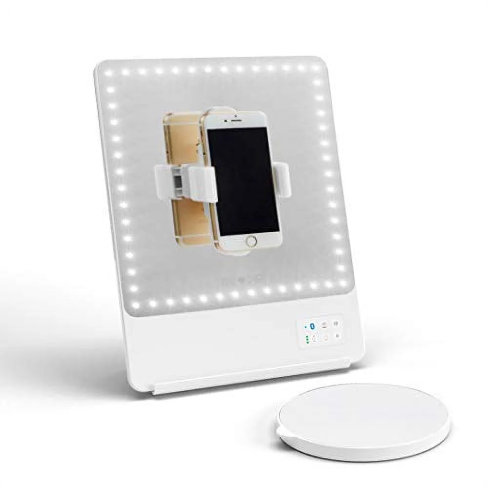 Glamcor Riki Skinny Smart Vanity Mirror with HD LEDs, Magnifying Mirror Attachment, Phone Holder and Bluetooth Control (White, 10X Magnification)