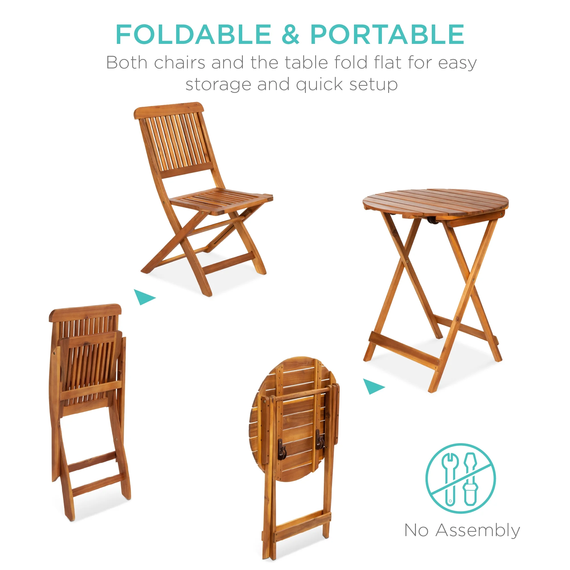 Best Choice Products 3-Piece Acacia Wood Bistro Set, Folding Patio Furniture w/ 2 Chairs, Table, Teak Finish - Natural