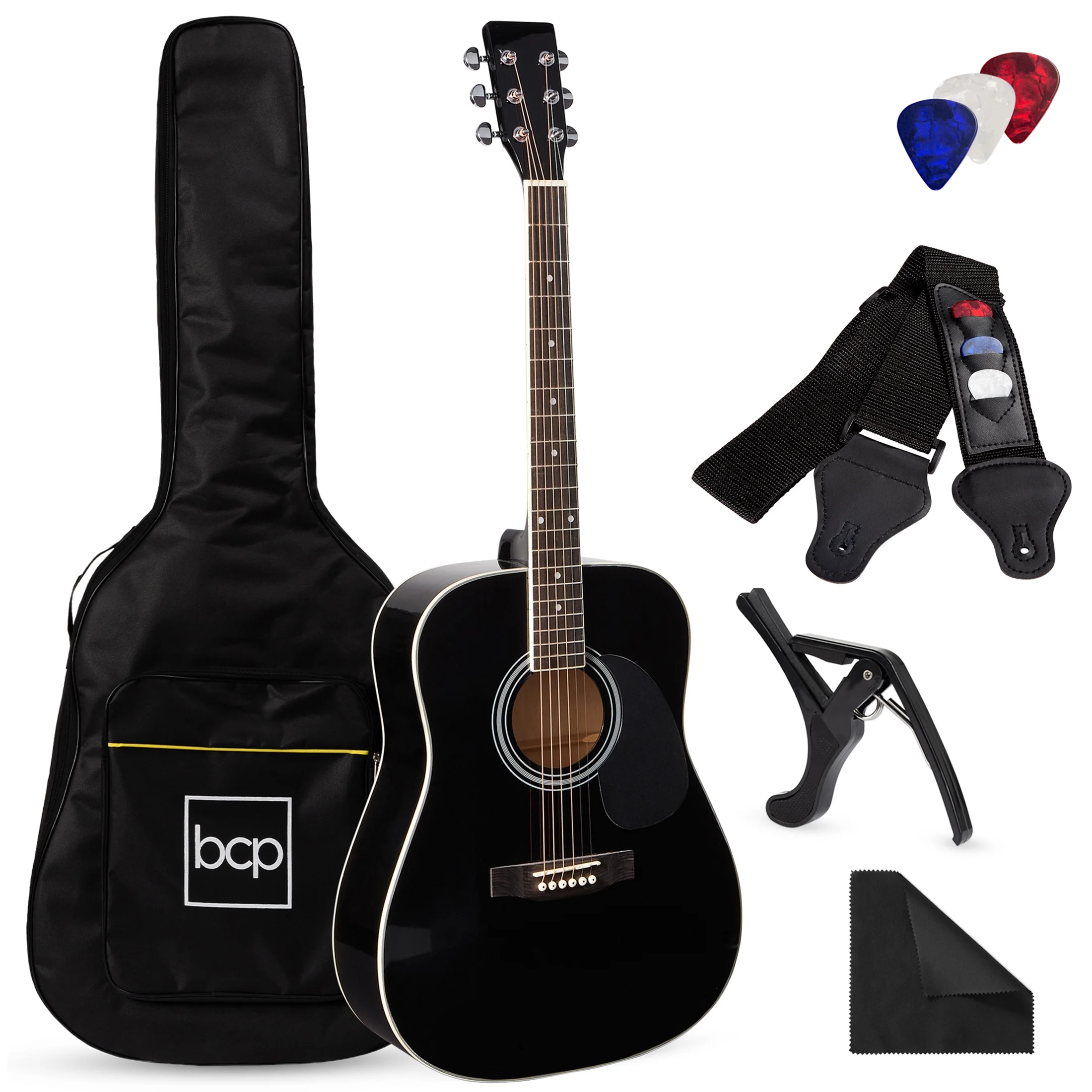 Best Choice Products 41in Full Size All-Wood Acoustic Guitar Starter Kit w/Gig Bag, E-Tuner, Pick, Strap, Rag - Black