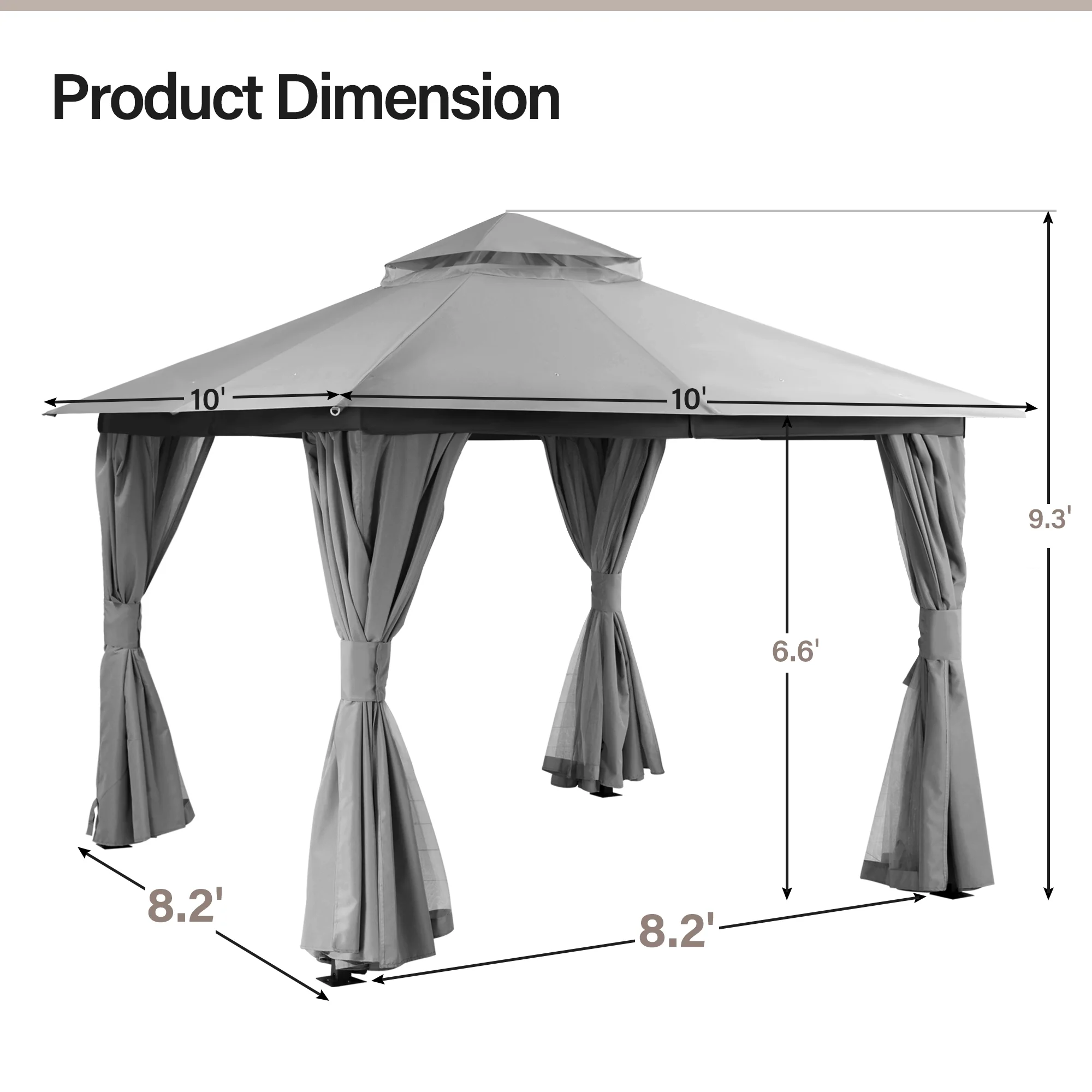 LAUSAINT HOME 10'x10' Patio Gazebo, Double Roof Outdoor Shelter Tent with Mosquito Nettings and Privacy Screens, Gray