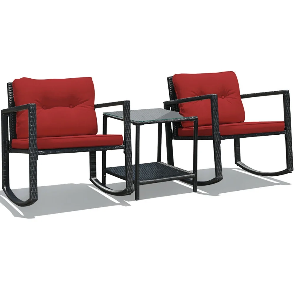 Canddidliike Cushioned Patio Rattan Seating Rocking Chair Glass Table Set 3 Pieces with Steel Frame Furniture, Black
