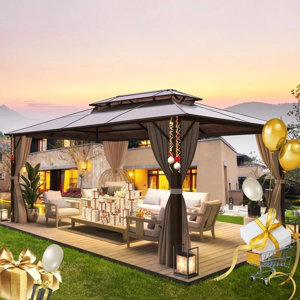 EROMMY Outdoor Double Roof Permanent Hardtop Gazebo Pergola with Prime Netting and Curtains Double Roof 10' x 13' N