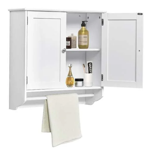 23.6'' White Wall Mounted Bathroom Storage Cabinet with Towels Bar and Adjustable Shelf