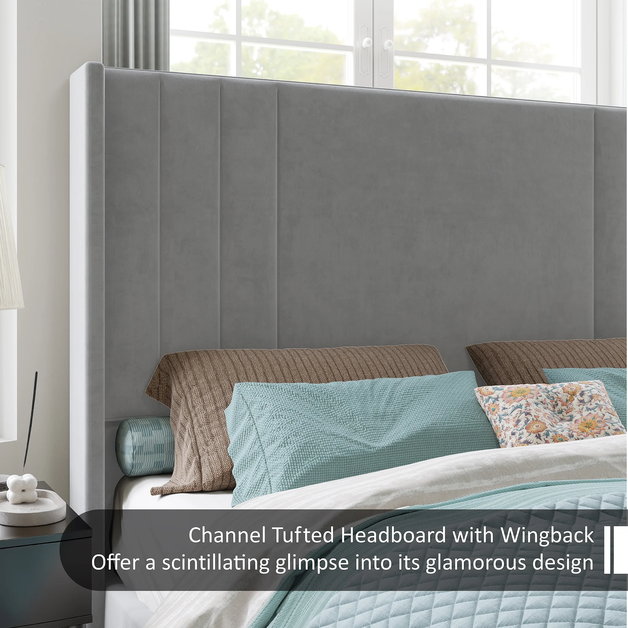AMERLIFE Velvet Upholstered Queen Size Bed Frame with Headboard & Footboard/Wingback, Light Grey