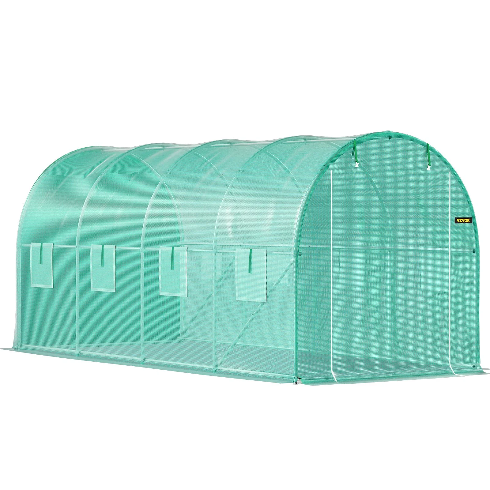 VEVOR Walk-in Tunnel Greenhouse, 15 x 7 x 7 ft, Portable Hot House with Galvanized Steel Frame, Zippered Door, and 8 Roll-Up Windows, Green