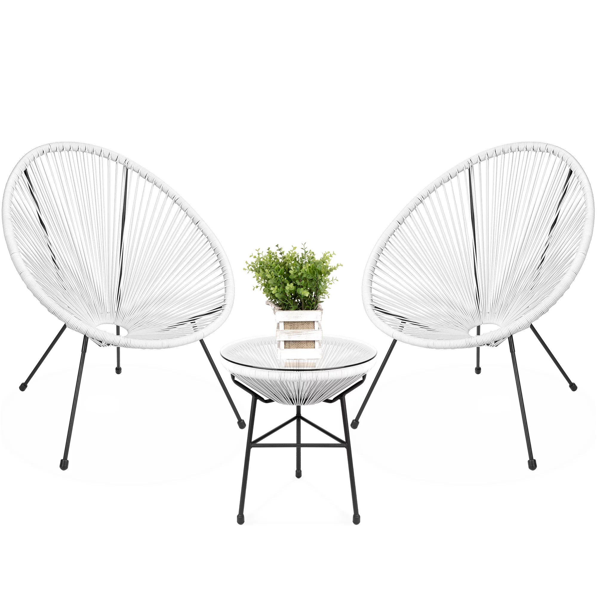 Best Choice Products 3-Piece All-Weather Patio Acapulco Bistro Furniture Set w/ Rope, Glass Top Table - White