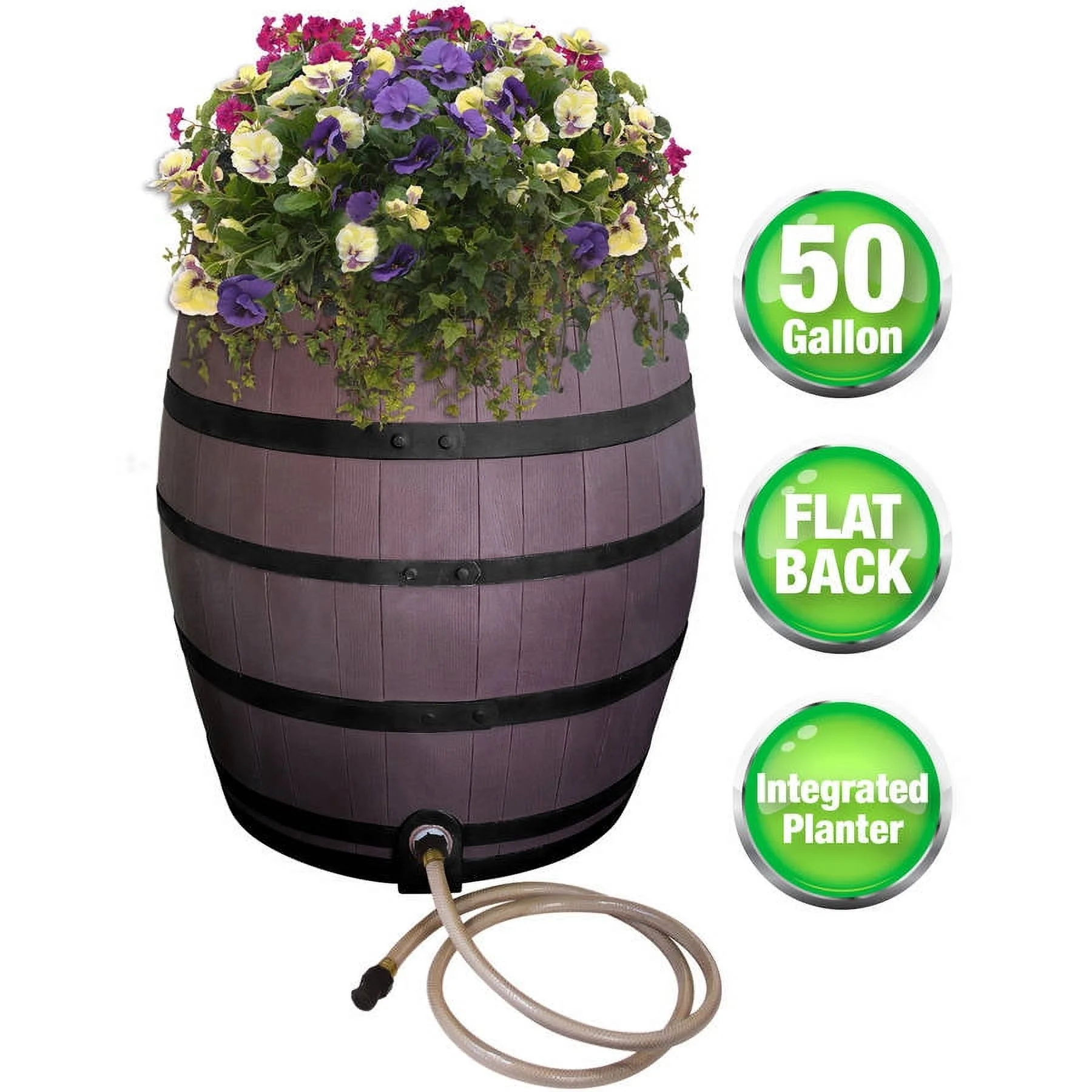 Rescue 50-Gallon Whiskey Rain Barrel with Black Bands ? Includes Planter, Rain Water Diverter, Outlet Hose ? Flatback Design ? Brown