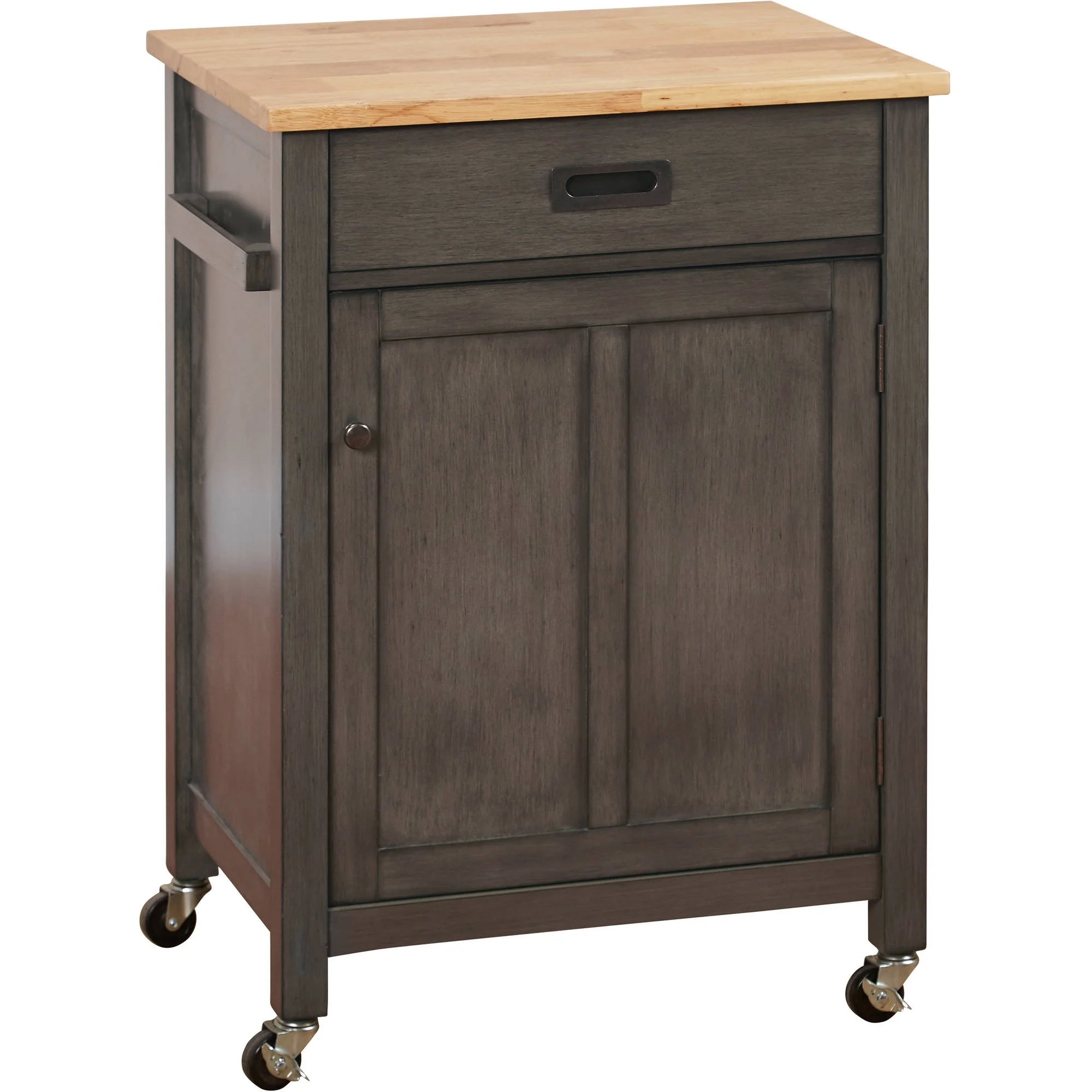 TMS Jacksonville Butcher Block Rolling Kitchen Storage Cart with Cabinet, Drawer, and Towl Rack, Weathered Gray
