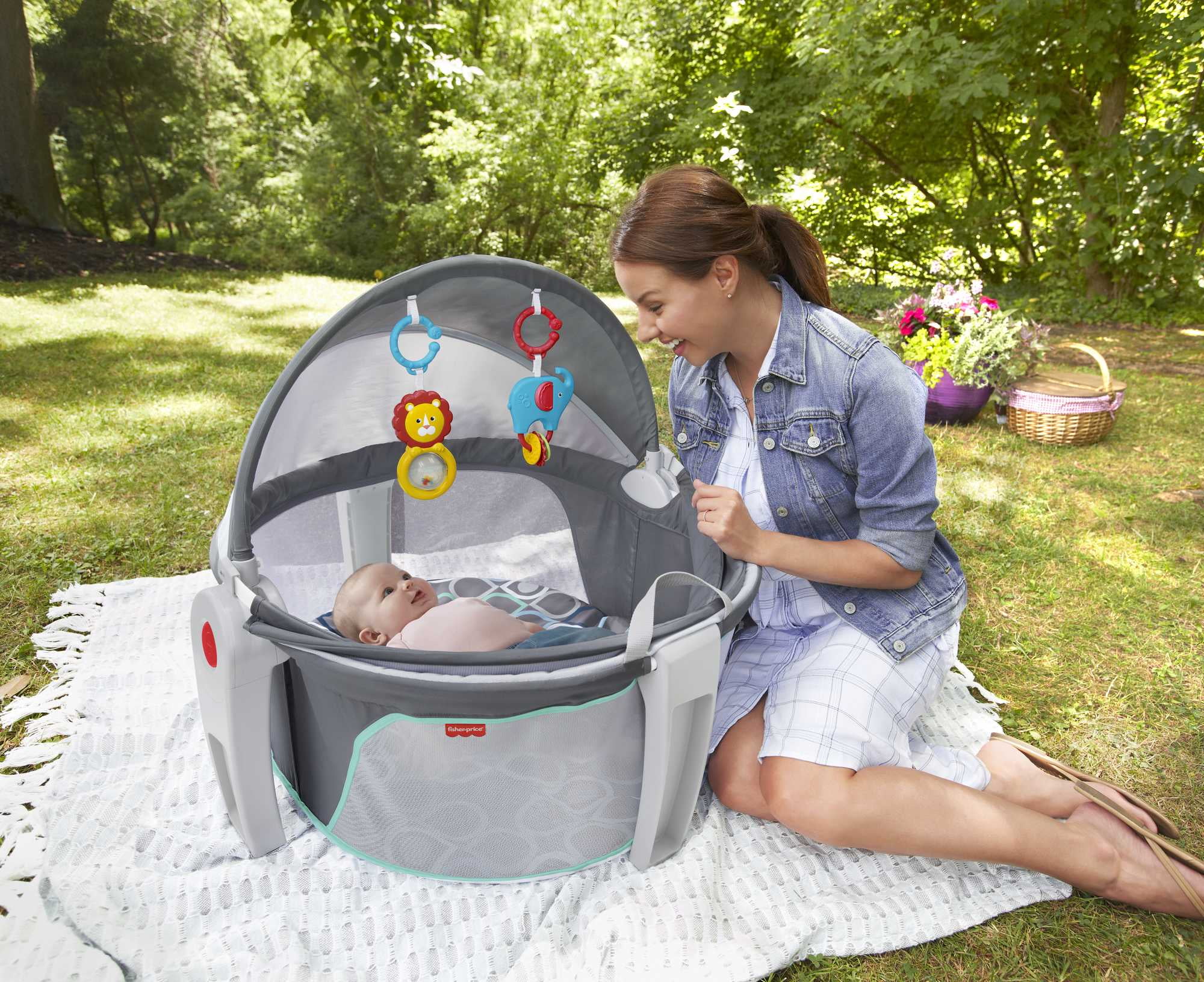 Fisher-Price On-The-Go Baby Dome Portable Bassinet & Play Space, Grey Bubbles, for Infants Birth+