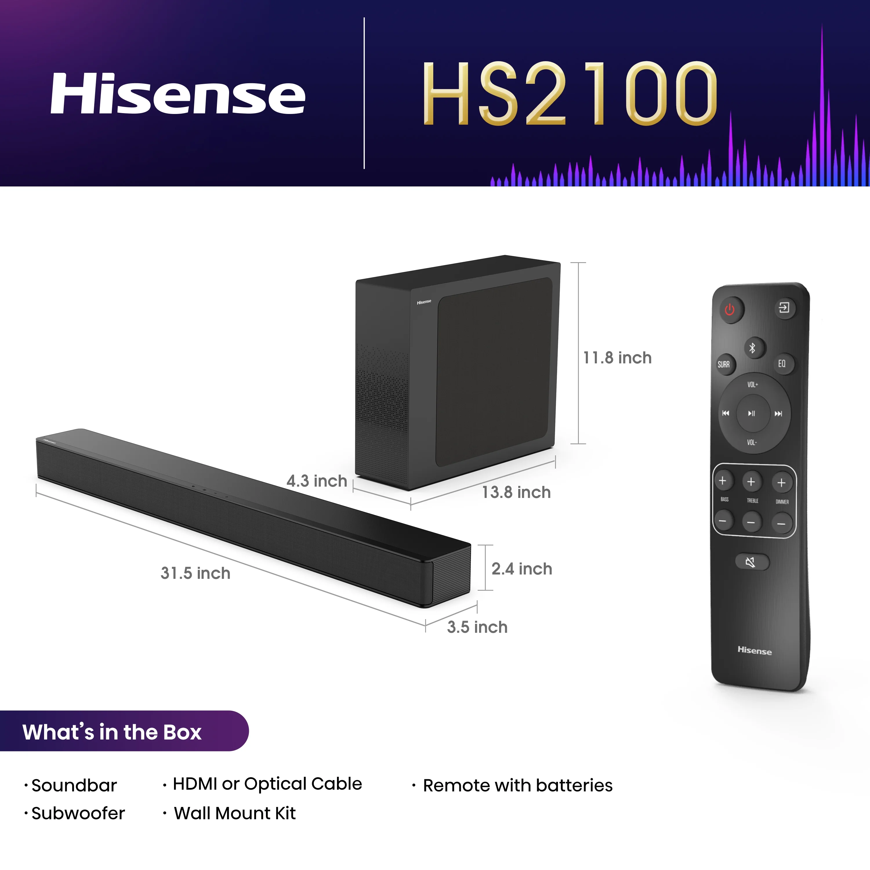 Hisense HS2100 2.1 Channel Soundbar with Wireless Subwoofer and DTS Virtual:X, Dolby Digital- Black