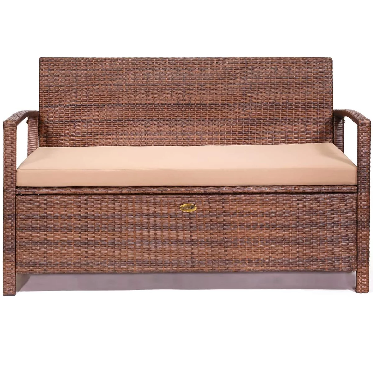 Barton All-Weather Deck Box Bench Storage with Backrest Armrest Wicker with Seat Cushion, Brown
