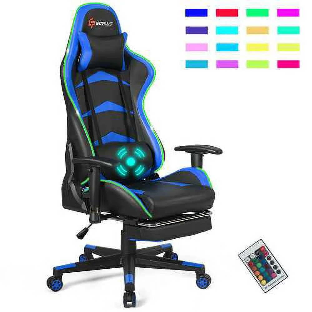 Massage LED Gaming Chair with Lumbar Support & Footrest-Blue - Color: Blue - Size: 28.5