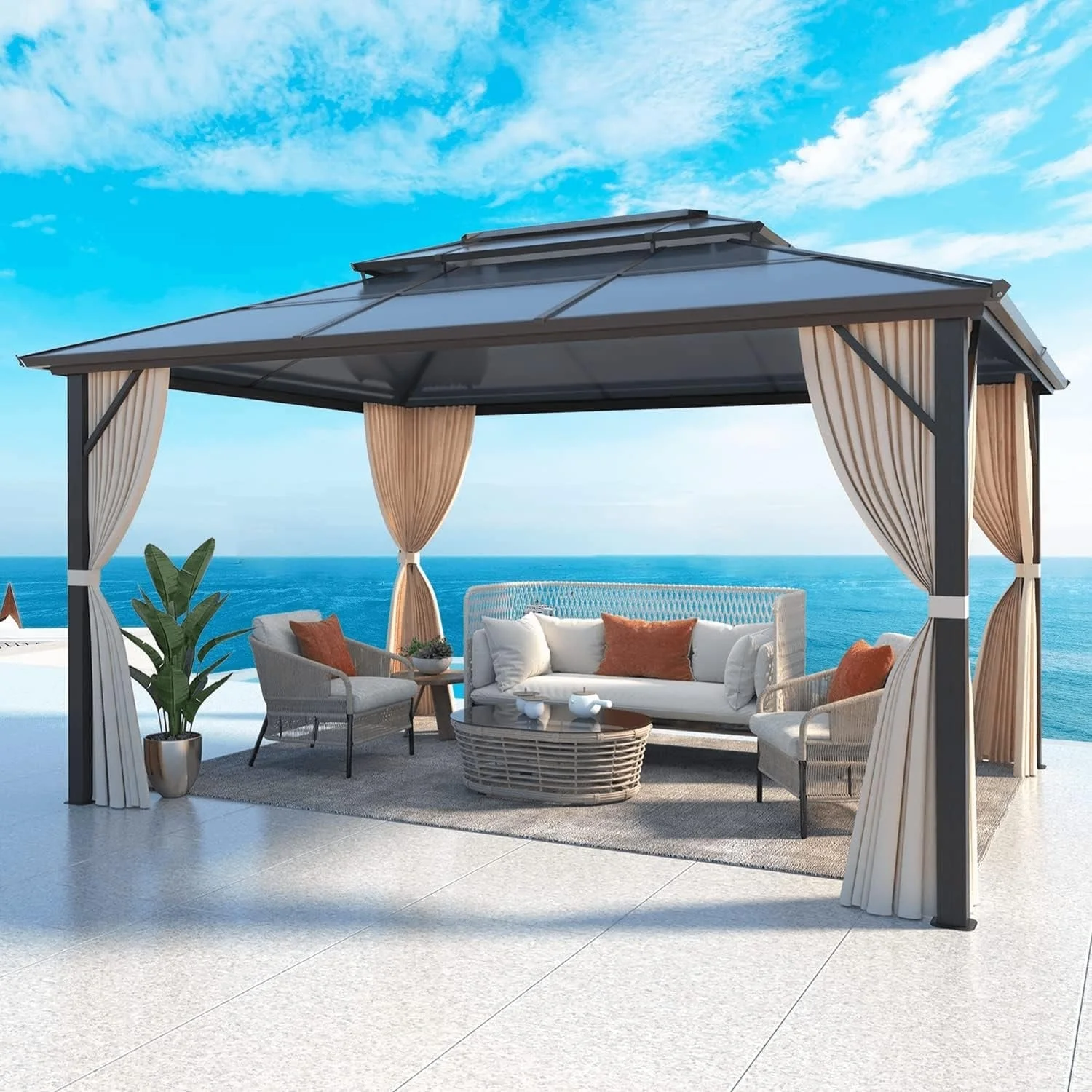 Erommy Outdoor Permanent Hardtop Gazebo Pergola with Prime Netting and Curtains 10*13