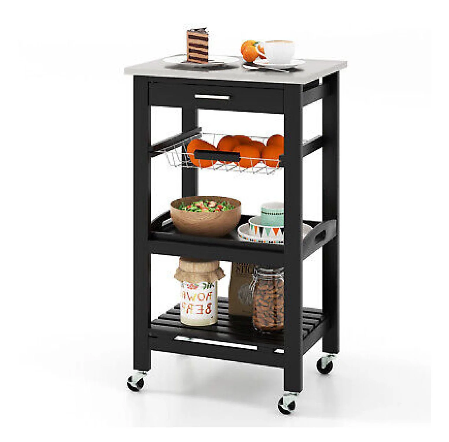 YUNTIE Rolling Service Trolley Kitchen Compact Island Cart w/Stainless Steel Top Basket