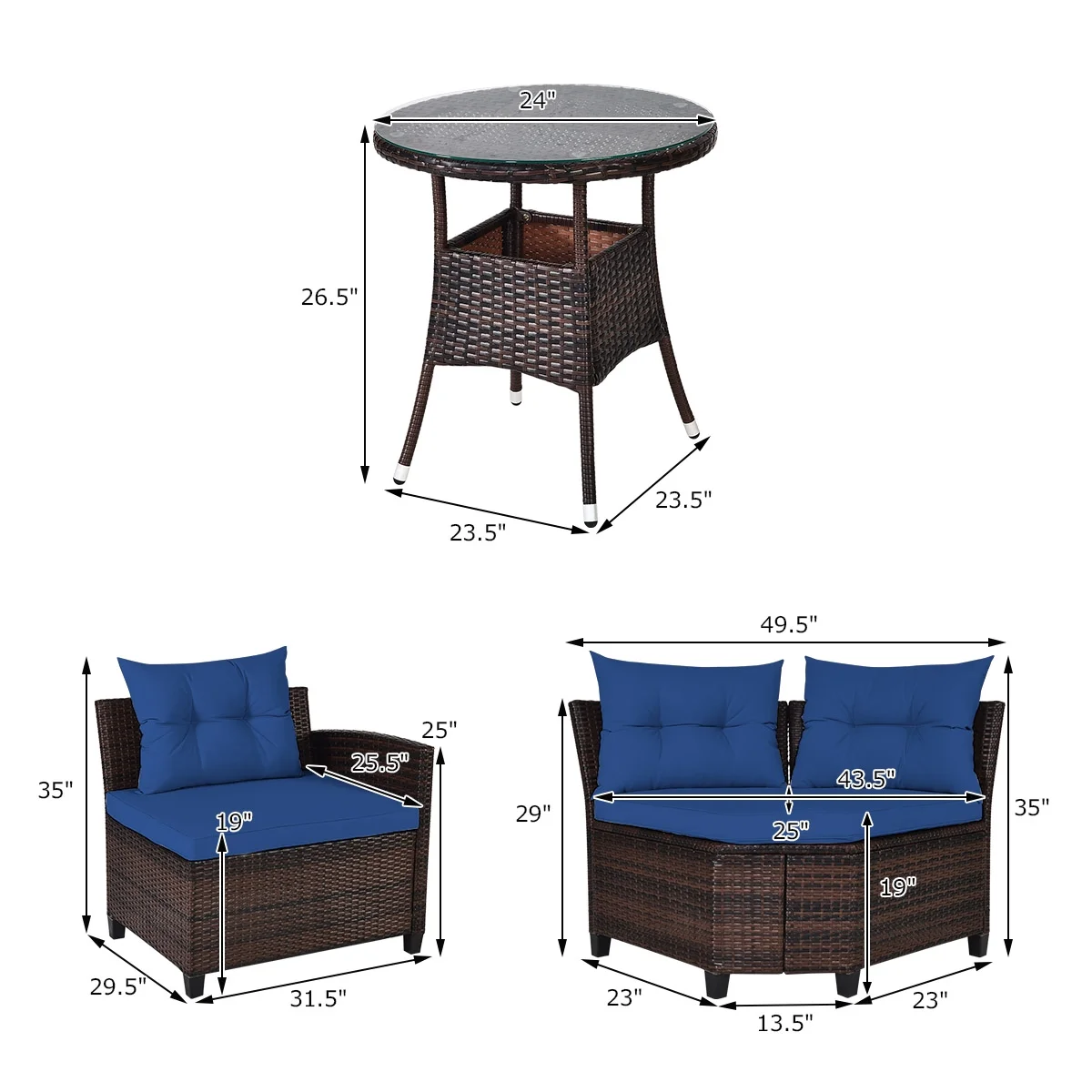 Patiojoy 4PCS Outdoor Patio Conversation Set Wicker Rattan Sectional Sofa W/Navy Cushions