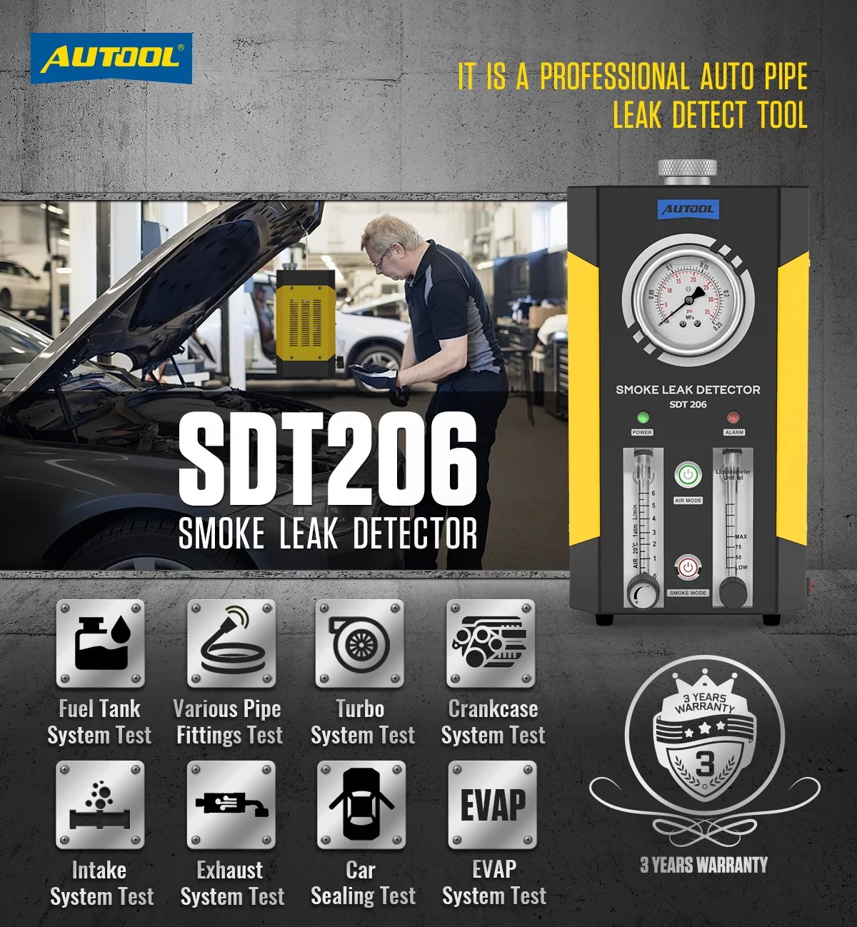 AUTOOL SDT206 Car Smoke Machine, Three Mode DC12V Auto Leak Detector Fuel Pressure Tester with Fuel Pressure Gauge, Flowmeter Displayfor, Oil Level Gauge