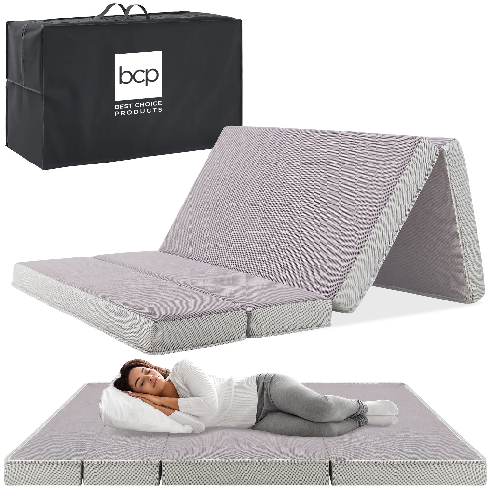 Best Choice Products 4in Thick Folding Portable Full Mattress Topper w/ Carry Case, Washable Cover - Gray
