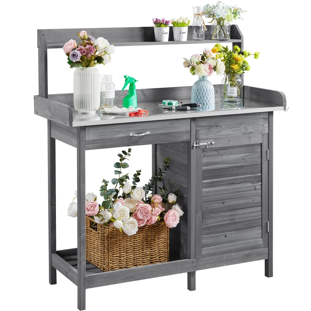 Yaheetech Outdoor Garden Potting Bench Table Work Bench Metal Tabletop W/Cabinet, Gray