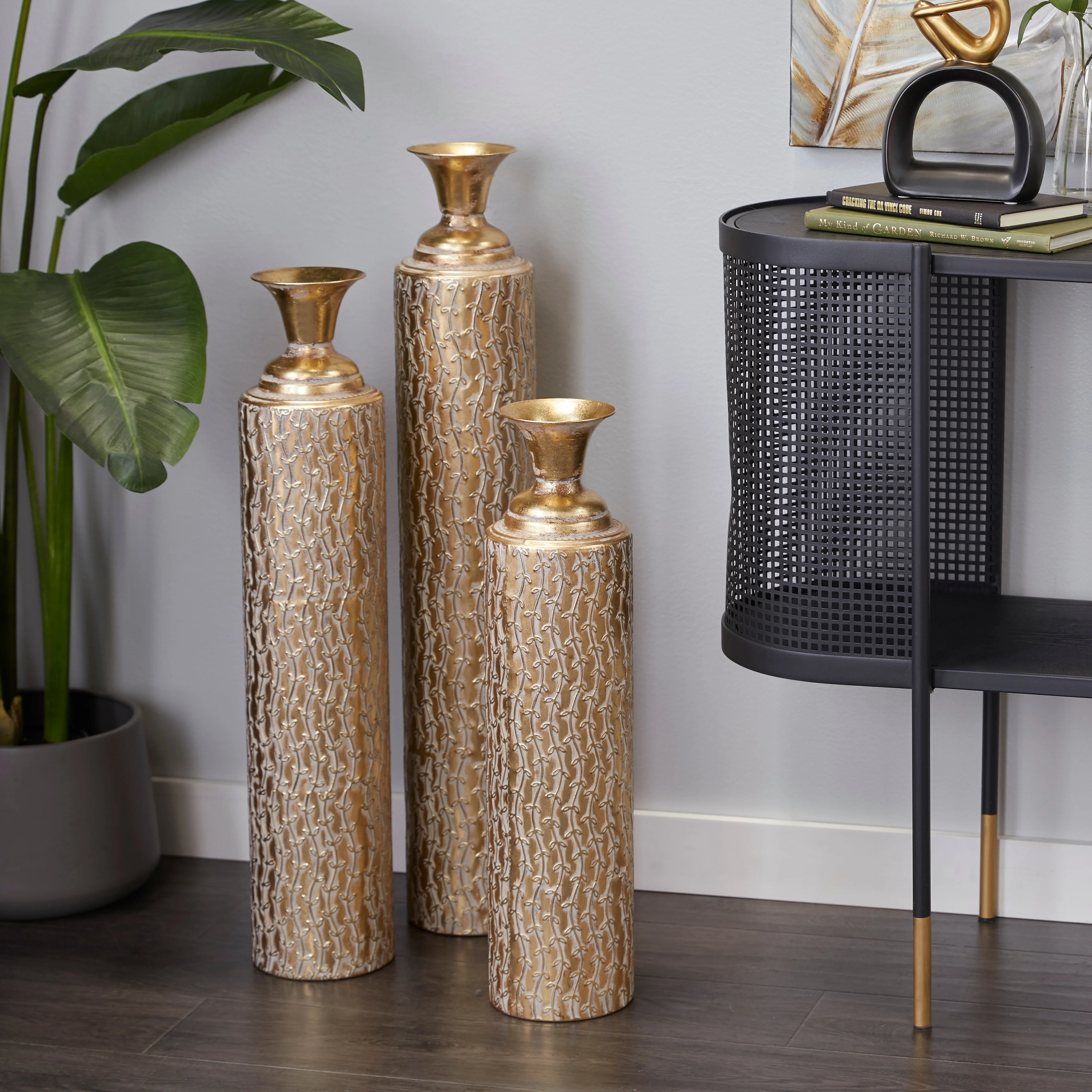 Studio 350 Gold Metal Tall Distressed Metallic Vase with Various Pattern (Set of 3) Triangle Hammered Brass S/3 34