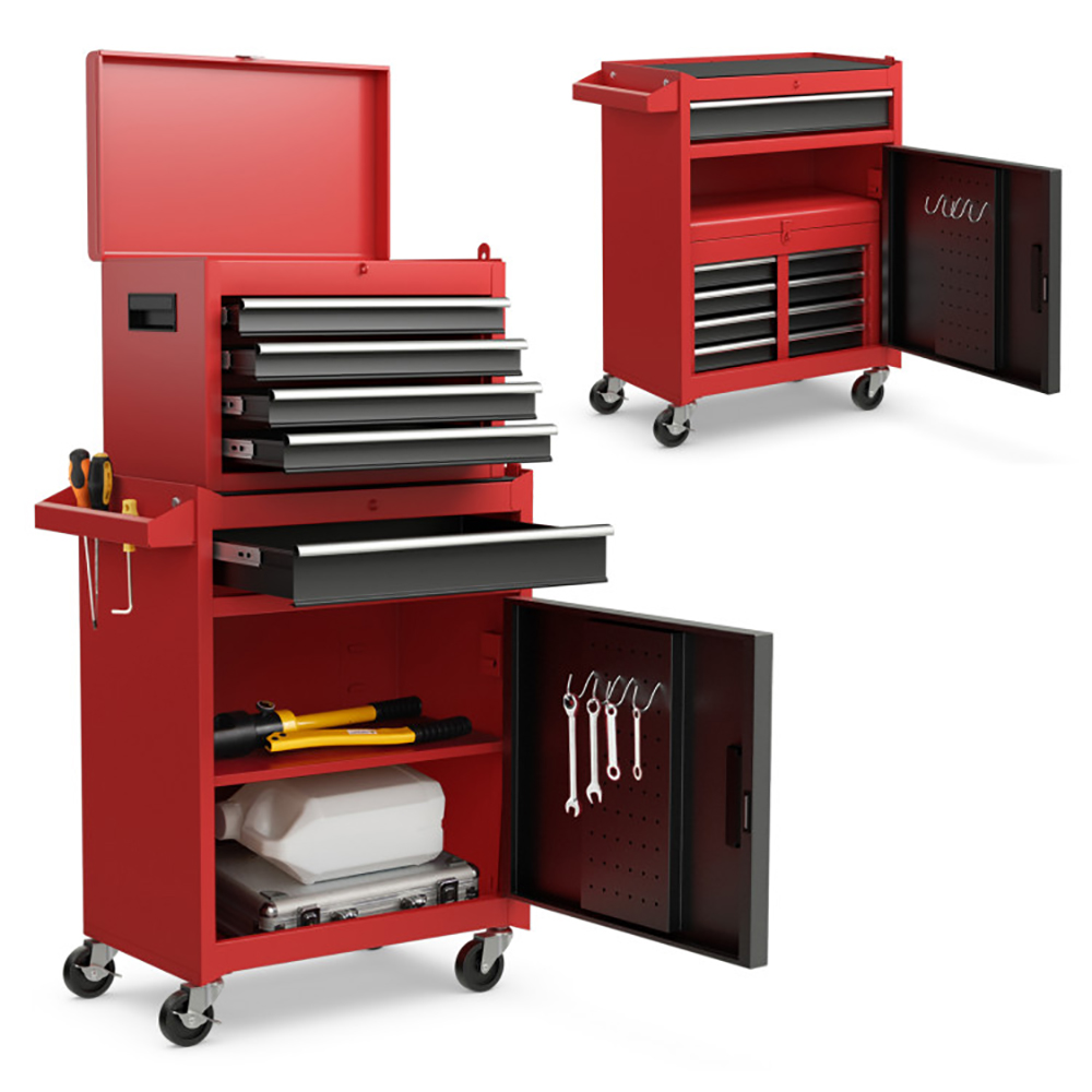 Kadyn Tool Chest, Tool Box Organizer,Tool Cart,2-in-1 Tool Chest and Cabinet with 5 Sliding Drawers-Black & Red