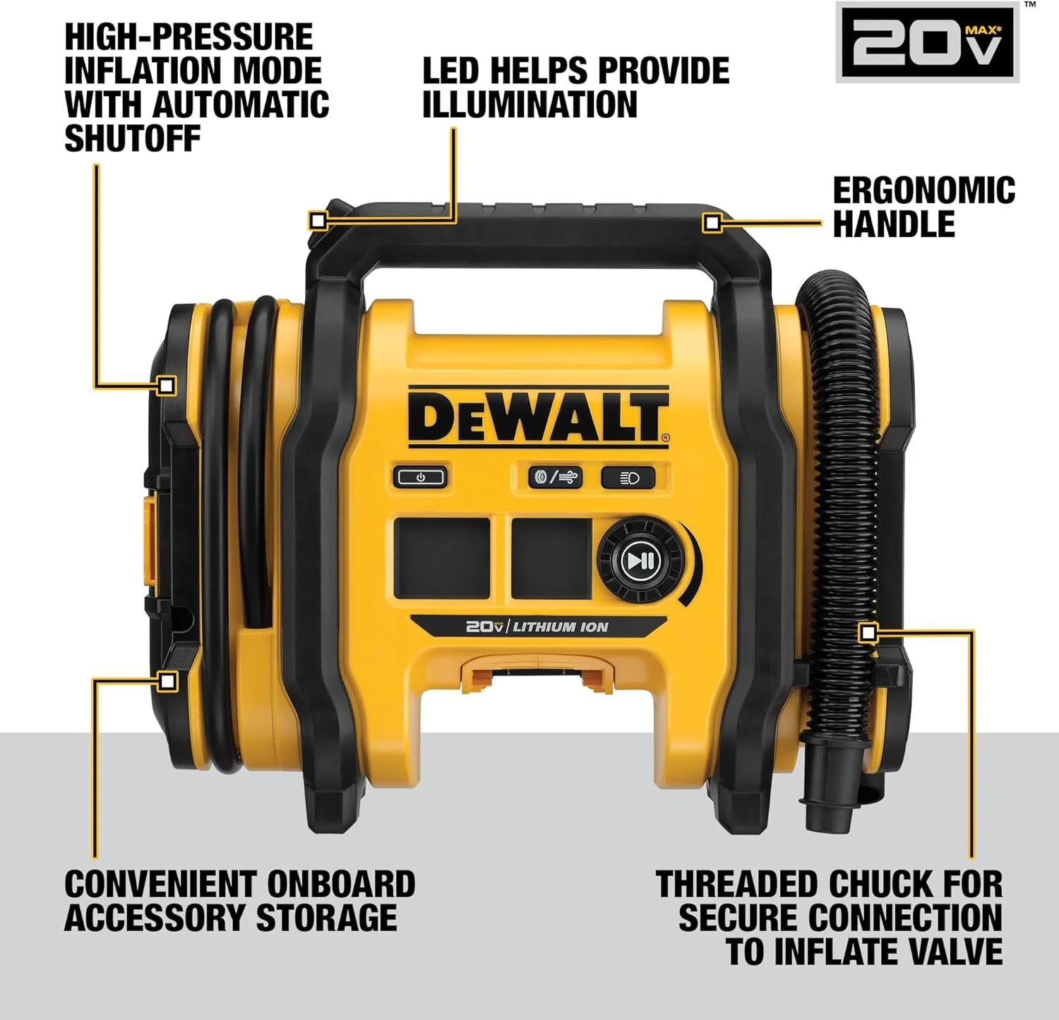 DEWALT 20V MAX Tire Inflator, Compact and Portable, Automatic Shut Off, LED Light, Bare Tool Only DCC020IB