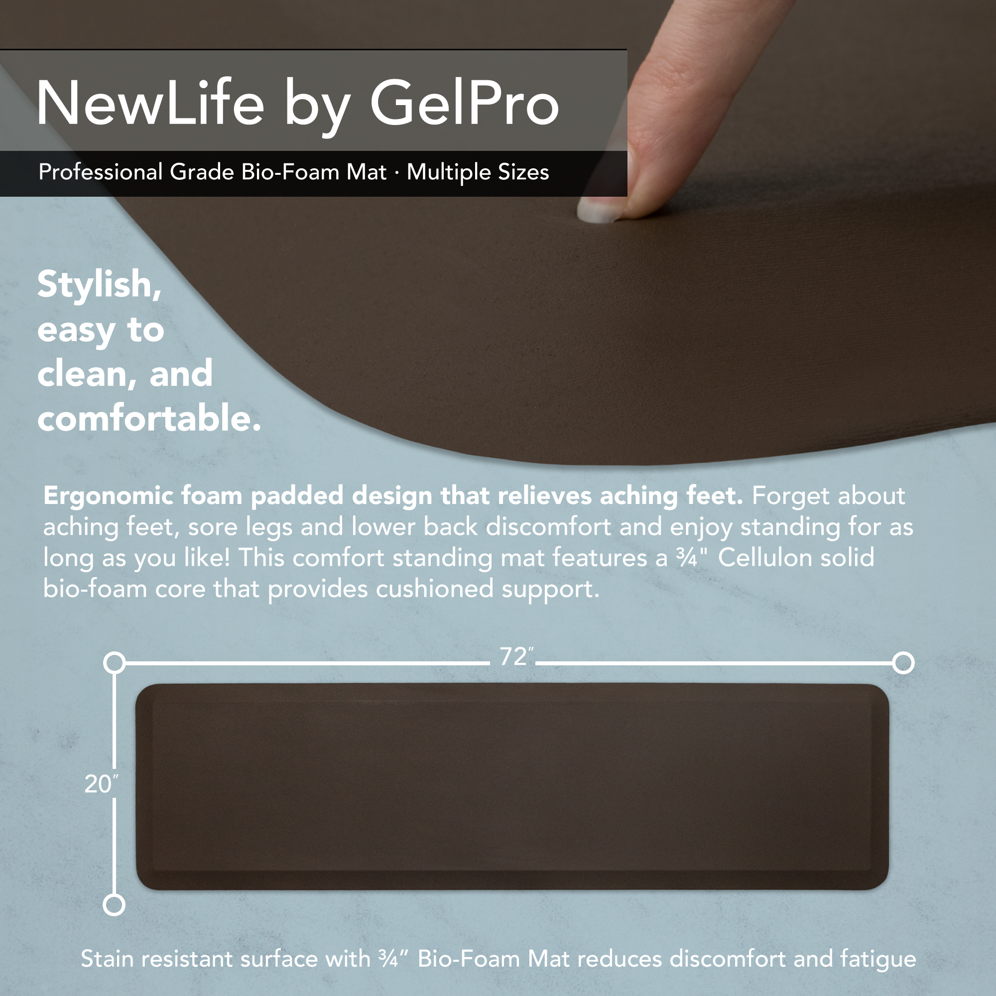 GelPro NewLife Professional Grade Anti-Fatigue Kitchen & Office Comfort Mat, 20x72, Earth ¾” Bio-Foam Mat with non-slip bottom for health & wellness